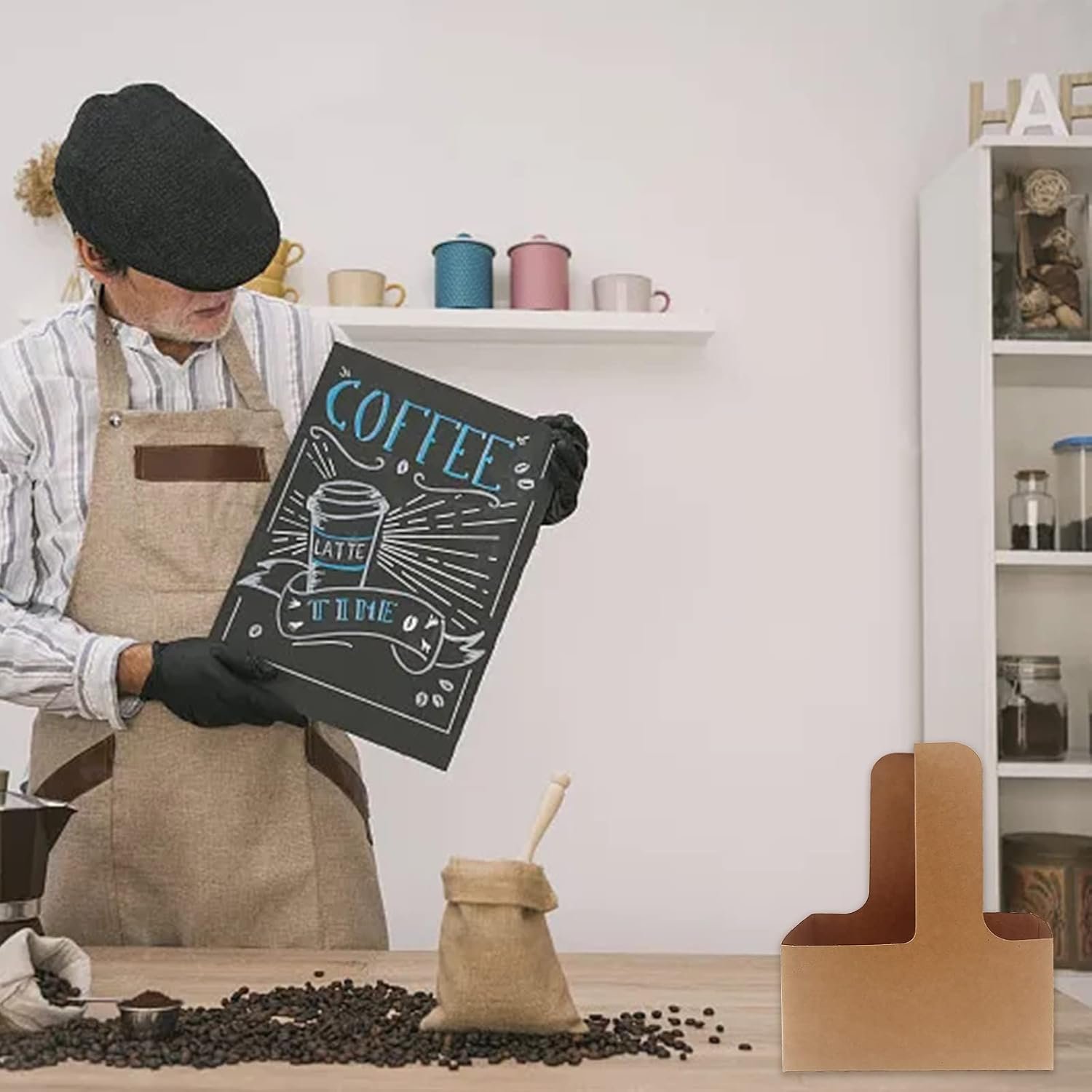 Grossiste porte-gobelet en papier kraft avec poignée, 20 unités pour boissons chaudes ou froides, support à gobelet jetable, fournisseur d'accessoires pour restaurants, logo personnalisé.