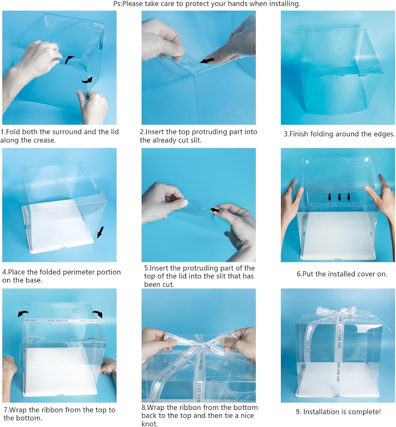 Grossiste de Boîtes à Gâteau Transparentes 8,5x8,5x6,5 - Kit de 2 avec Ruban de 20ft et 4 Cartes, Personnalisation de Logo, Contenants Plastiques Sans BPA pour Gâteaux de Mariage et Cupcakes. Fabricant en Vente en Gros.