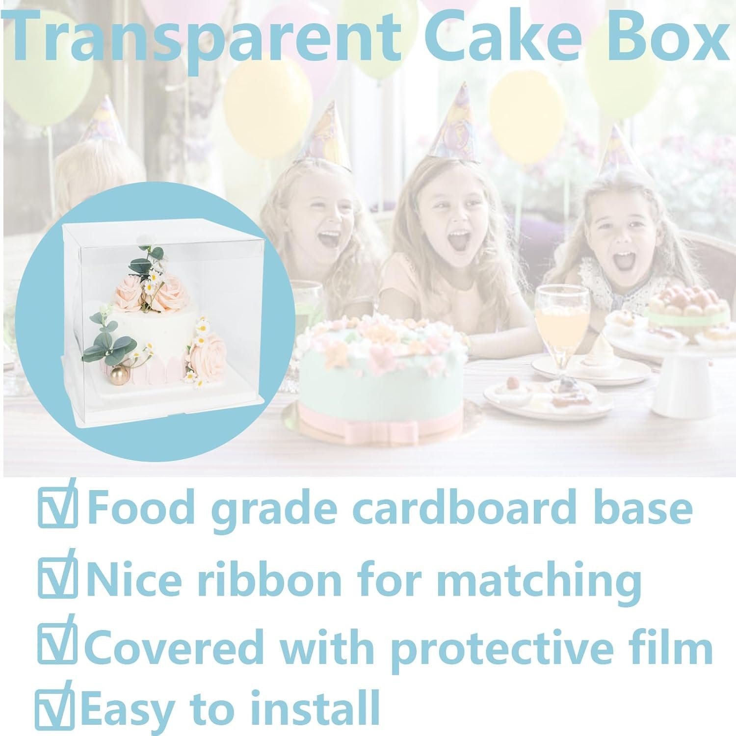 Grossiste de Boîtes à Gâteau Transparentes 8,5x8,5x6,5 - Kit de 2 avec Ruban de 20ft et 4 Cartes, Personnalisation de Logo, Contenants Plastiques Sans BPA pour Gâteaux de Mariage et Cupcakes. Fabricant en Vente en Gros.