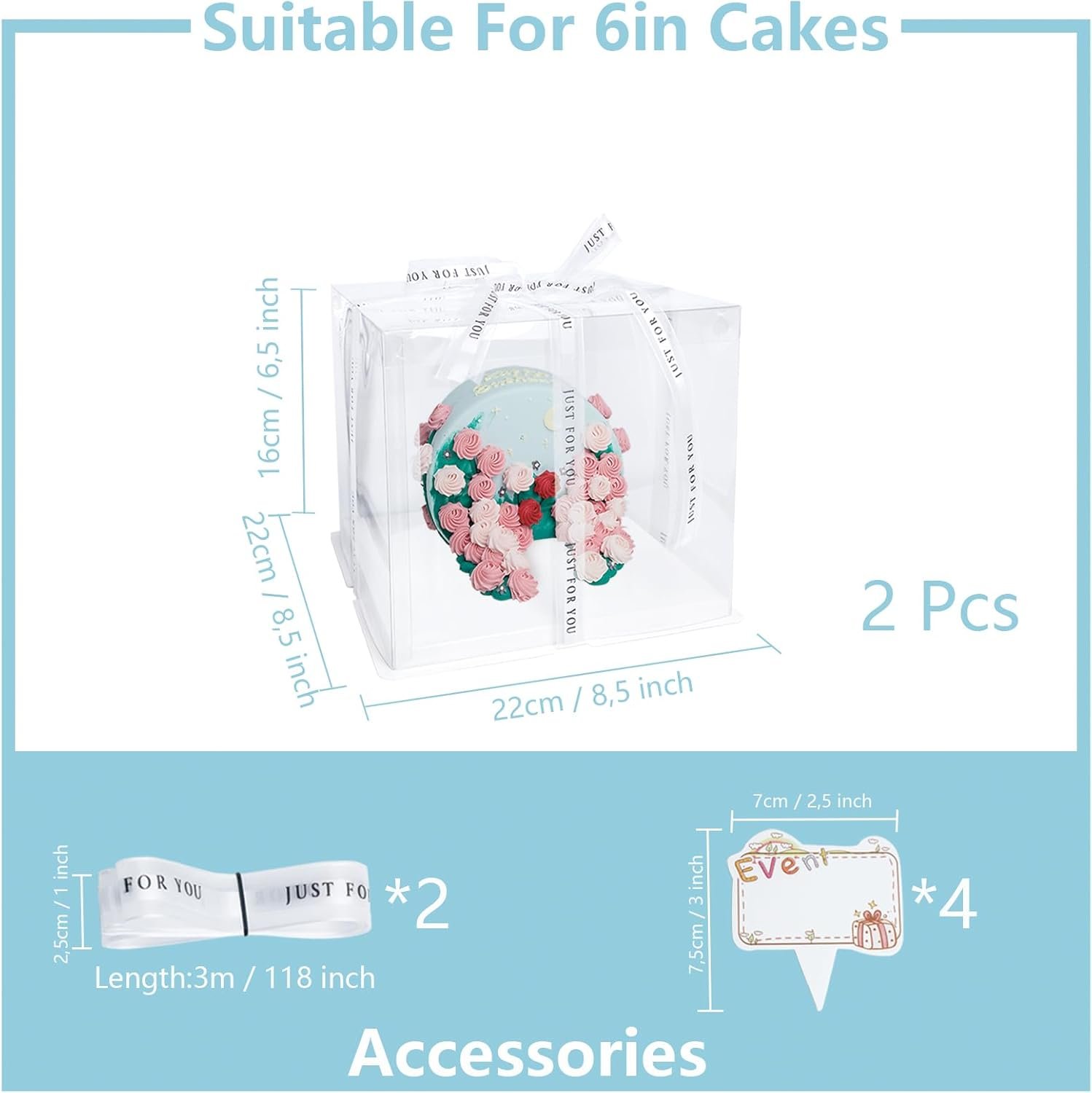 Grossiste de Boîtes à Gâteau Transparentes 8,5x8,5x6,5 - Kit de 2 avec Ruban de 20ft et 4 Cartes, Personnalisation de Logo, Contenants Plastiques Sans BPA pour Gâteaux de Mariage et Cupcakes. Fabricant en Vente en Gros.