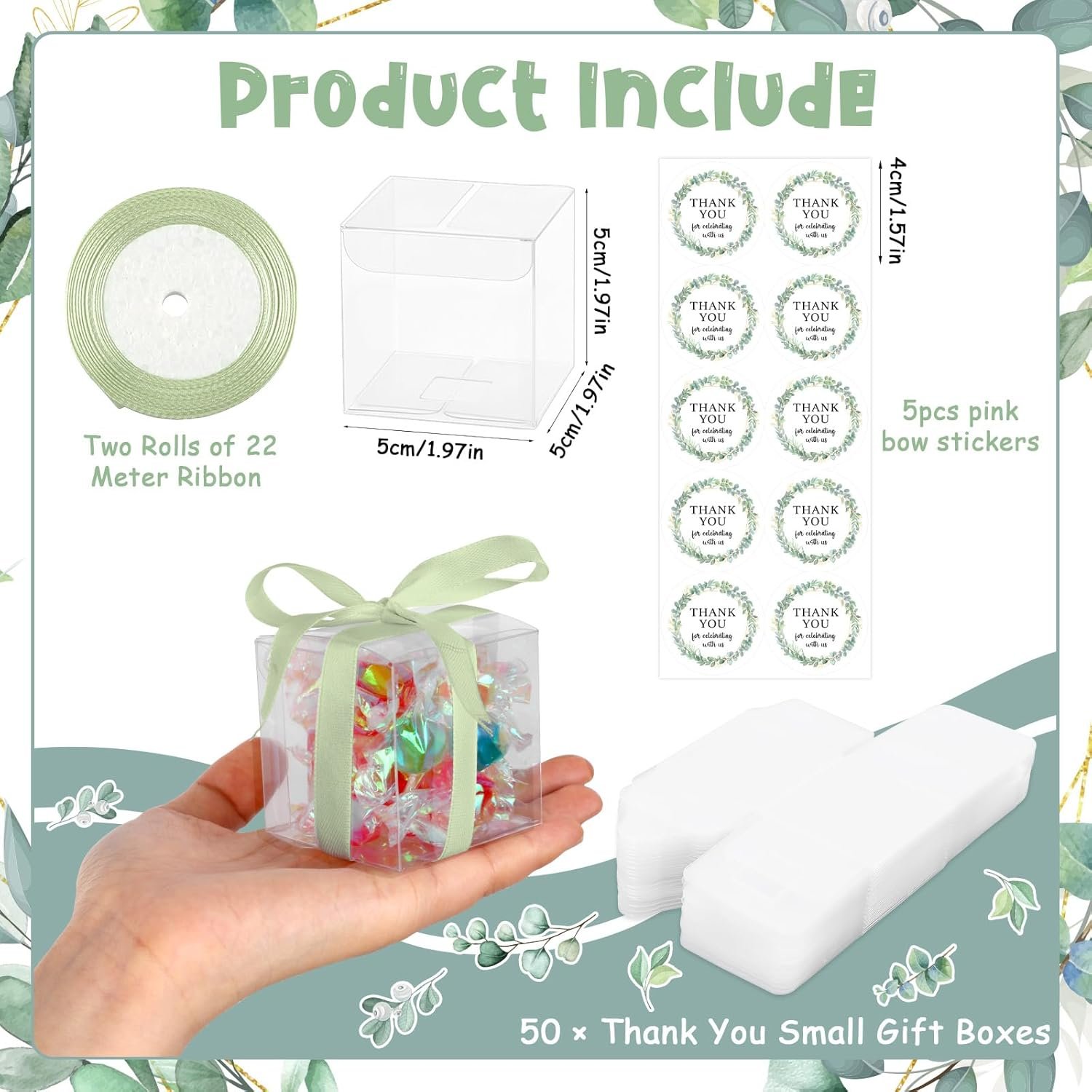 Grossiste de boîtes transparentes à friandises vertes 50 ensembles de 2x2x2 pouces avec logo personnalisé, parfaites pour les cadeaux de retour tels que macarons, bonbons, accompagnées d'un ruban et d'autocollants. Fabricant de décoration pour anniversaire et baby shower. Vente en gros pour vos événements.