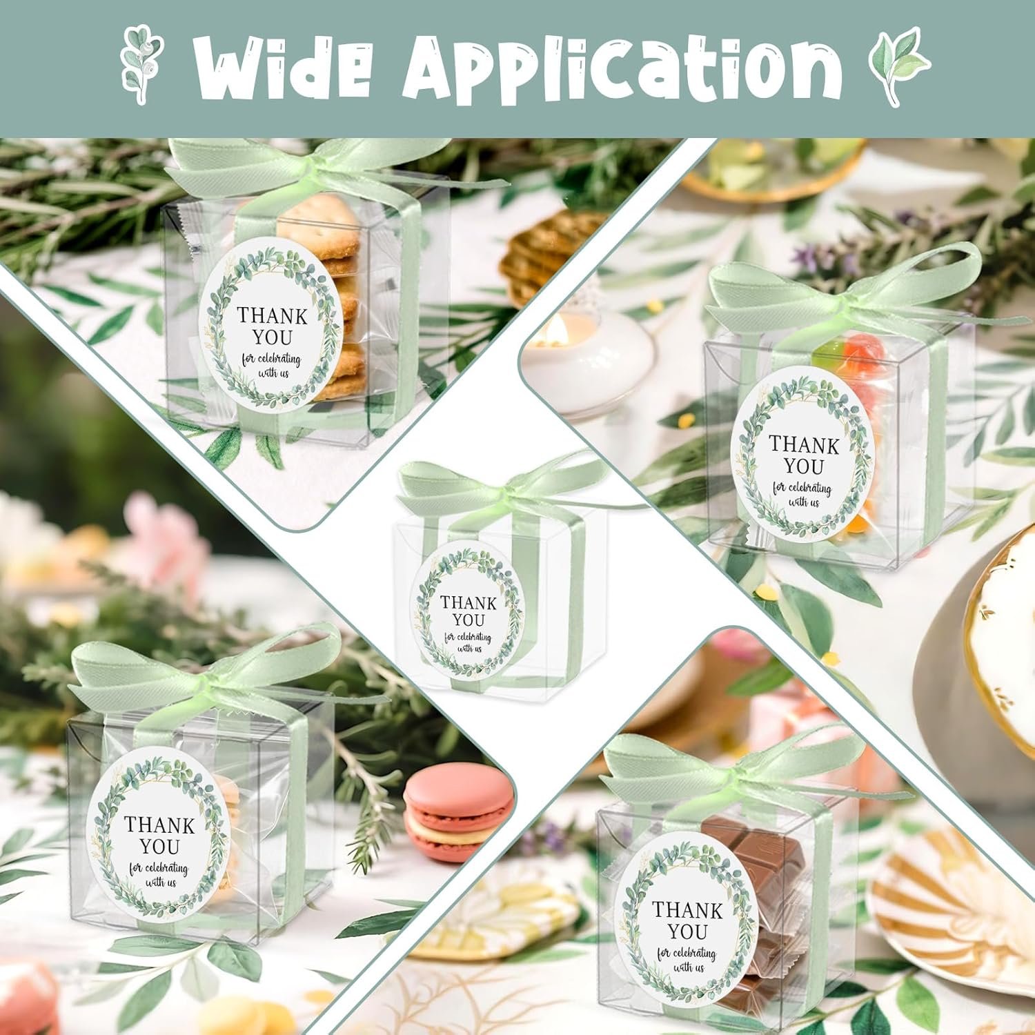 Grossiste de boîtes transparentes à friandises vertes 50 ensembles de 2x2x2 pouces avec logo personnalisé, parfaites pour les cadeaux de retour tels que macarons, bonbons, accompagnées d'un ruban et d'autocollants. Fabricant de décoration pour anniversaire et baby shower. Vente en gros pour vos événements.