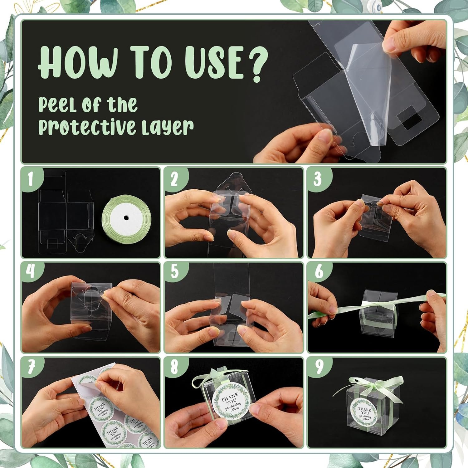 Grossiste de boîtes transparentes à friandises vertes 50 ensembles de 2x2x2 pouces avec logo personnalisé, parfaites pour les cadeaux de retour tels que macarons, bonbons, accompagnées d'un ruban et d'autocollants. Fabricant de décoration pour anniversaire et baby shower. Vente en gros pour vos événements.