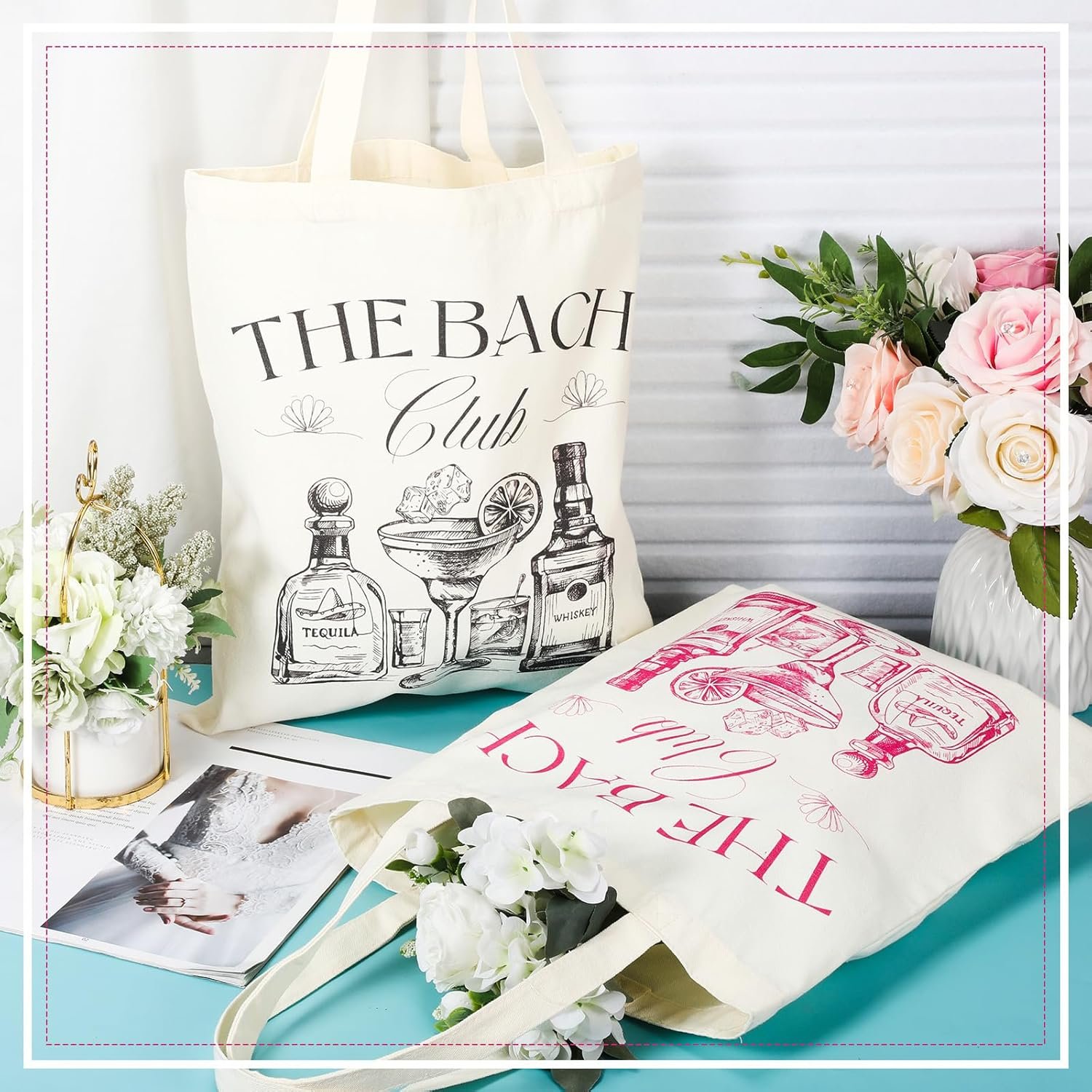 Grossiste décor de fête entre filles 8 pièces toiles pour sacs de demoiselles d'honneur avec logo personnalisé pour un enterrement de vie de jeune fille à offrir en vente en gros.