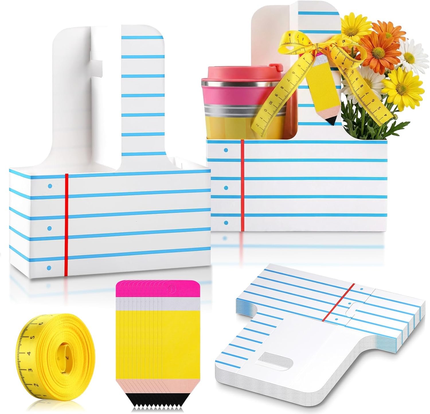 Grossiste de fournitures pour enseignants avec un ensemble de 12 cadeaux d'appréciation incluant un carnet, un porte-gobelet à 2 tasses, une carte de vœux, un ruban et un support à fleurs à manipuler pour des DIY en fin d'année scolaire et des fêtes de retour à l'école, disponible en vente en gros et avec option de logo personnalisé.