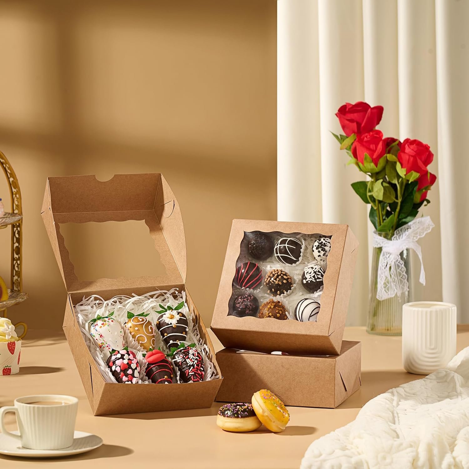 Grossiste Boîtes à Chocolats Fraises, 20 pièces 6x6x2,5 pouces, Boîtes à Gâteaux et Charcuterie avec Fenêtre Complète, Fournisseur de Boîtes à Cookies Truffes pour Noël et Saint-Valentin, Logo Personnalisé