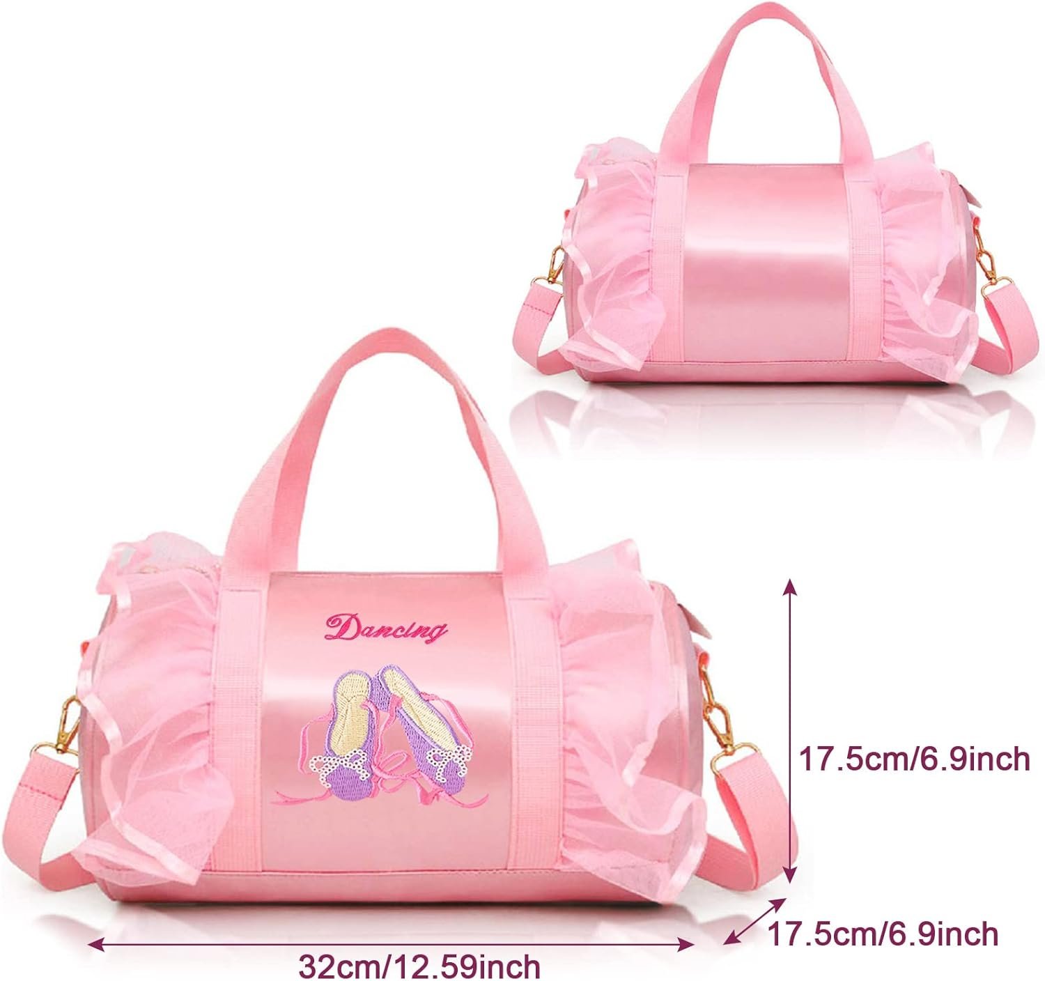 Sac de danse en cours de ballet brodé, personnalisable avec logo, fournisseur de sacs en vrac étanches pour filles avec porte-clés et boule en peluche rose.