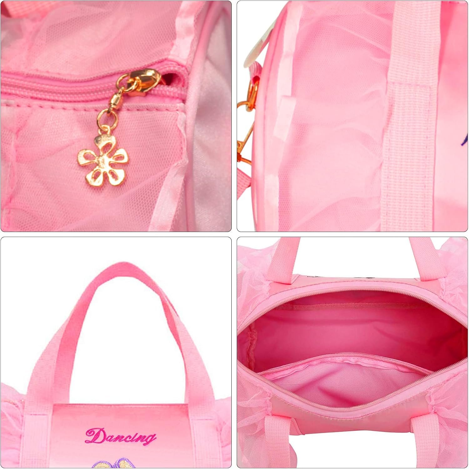 Sac de danse en cours de ballet brodé, personnalisable avec logo, fournisseur de sacs en vrac étanches pour filles avec porte-clés et boule en peluche rose.