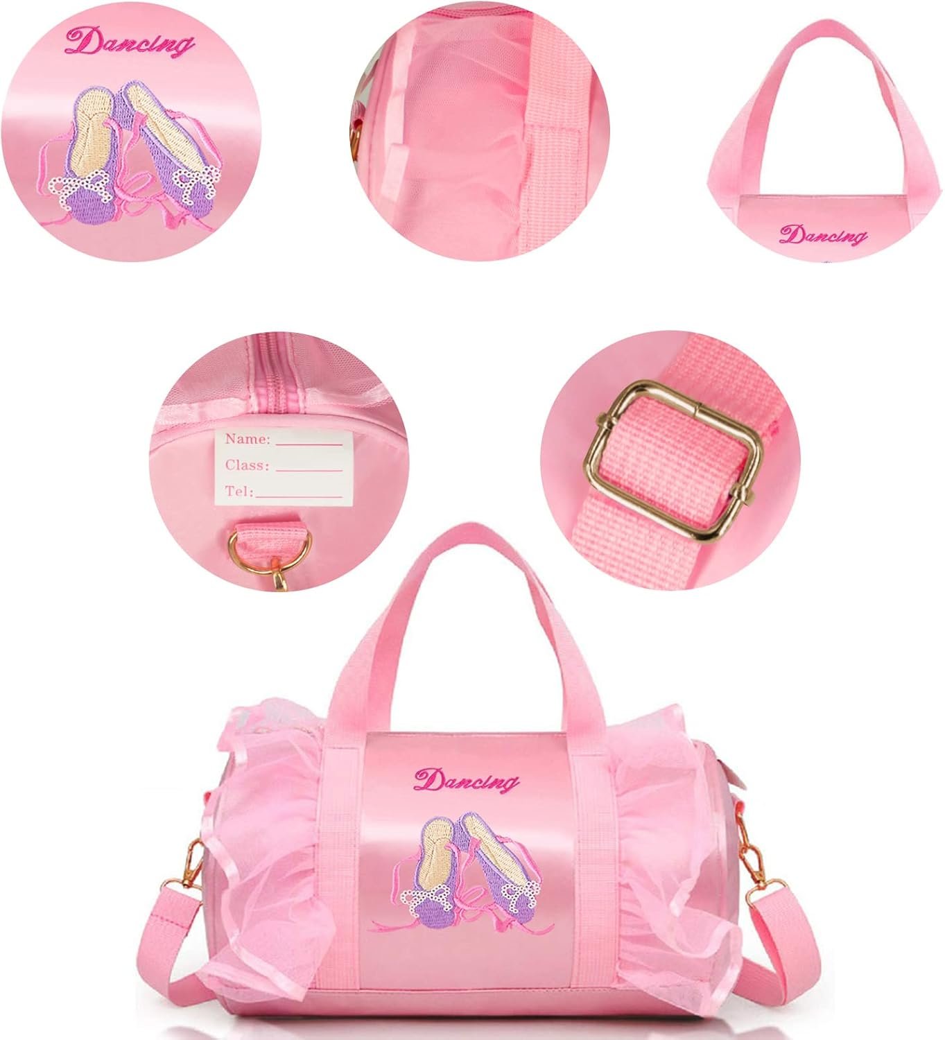 Sac de danse en cours de ballet brodé, personnalisable avec logo, fournisseur de sacs en vrac étanches pour filles avec porte-clés et boule en peluche rose.