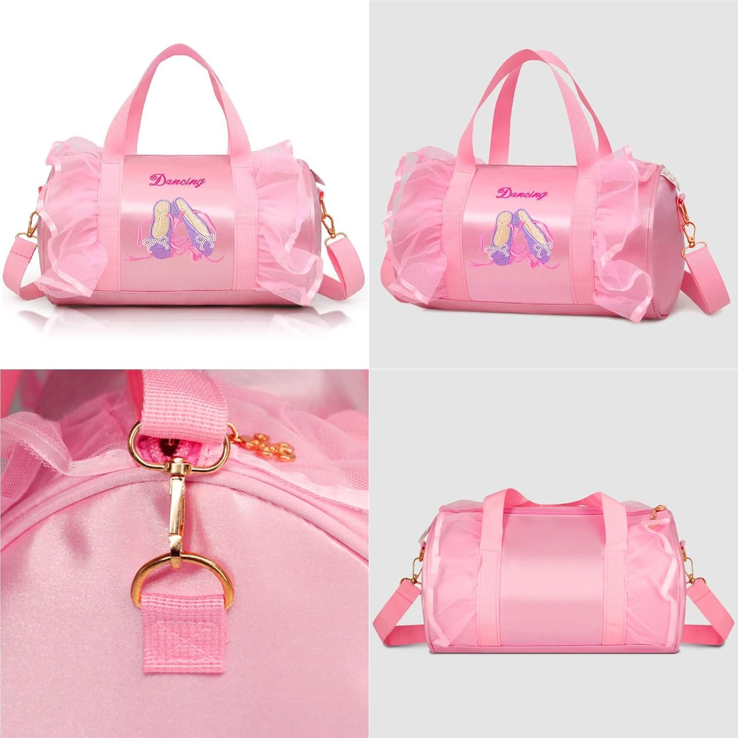 Sac de danse en cours de ballet brodé, personnalisable avec logo, fournisseur de sacs en vrac étanches pour filles avec porte-clés et boule en peluche rose.