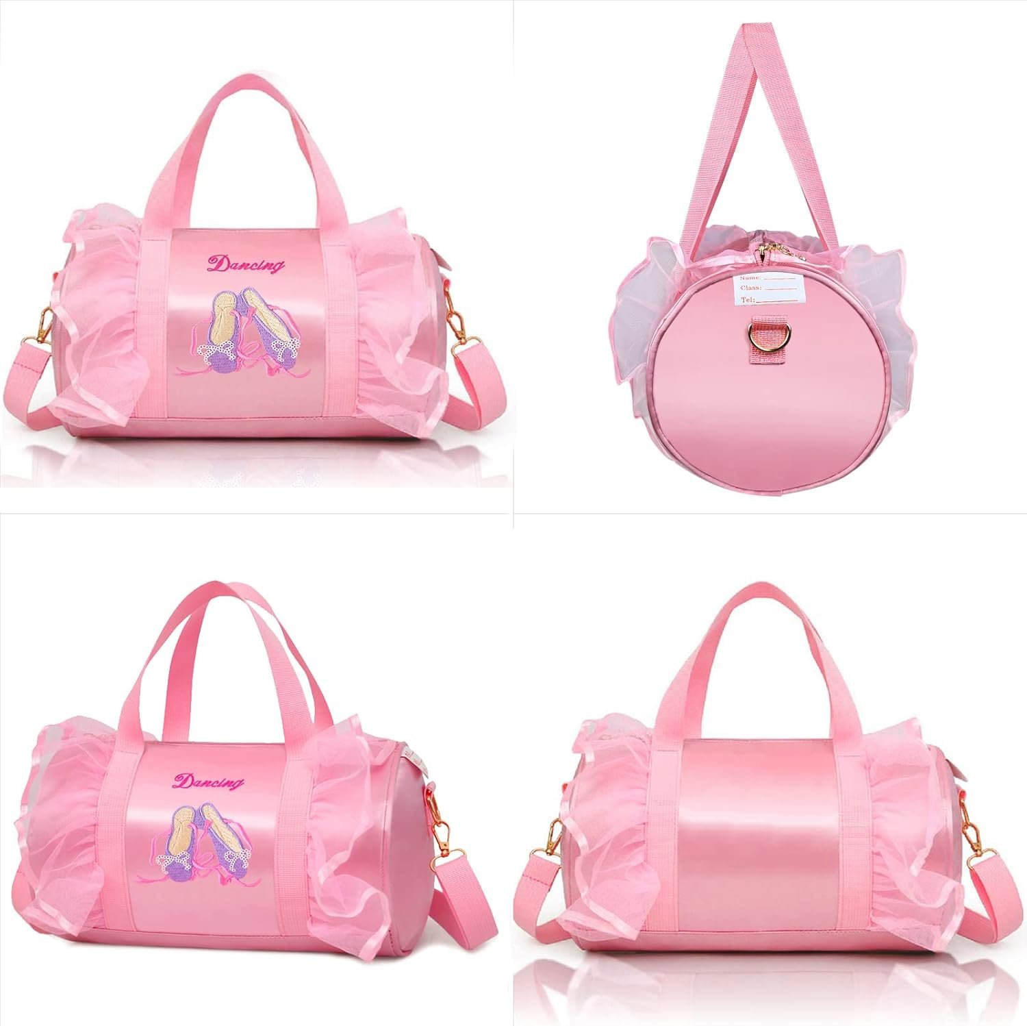 Sac de danse en cours de ballet brodé, personnalisable avec logo, fournisseur de sacs en vrac étanches pour filles avec porte-clés et boule en peluche rose.