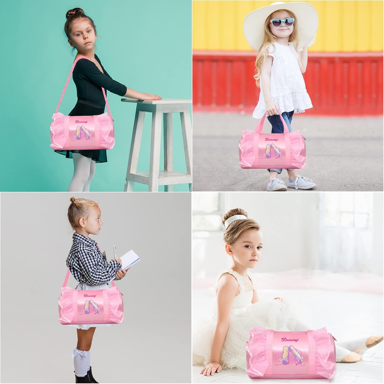 Sac de danse en cours de ballet brodé, personnalisable avec logo, fournisseur de sacs en vrac étanches pour filles avec porte-clés et boule en peluche rose.