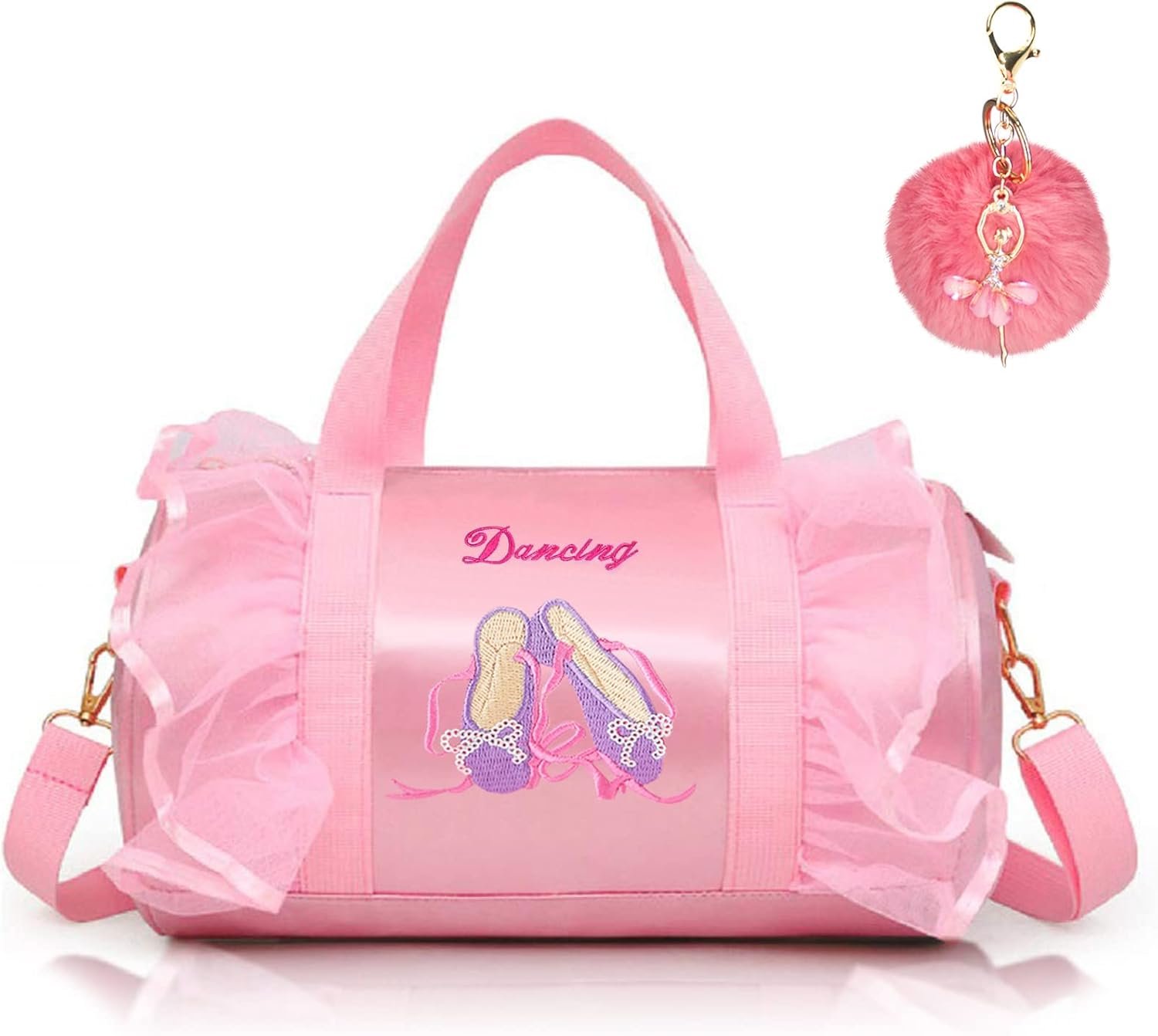 Sac de danse en cours de ballet brodé, personnalisable avec logo, fournisseur de sacs en vrac étanches pour filles avec porte-clés et boule en peluche rose.