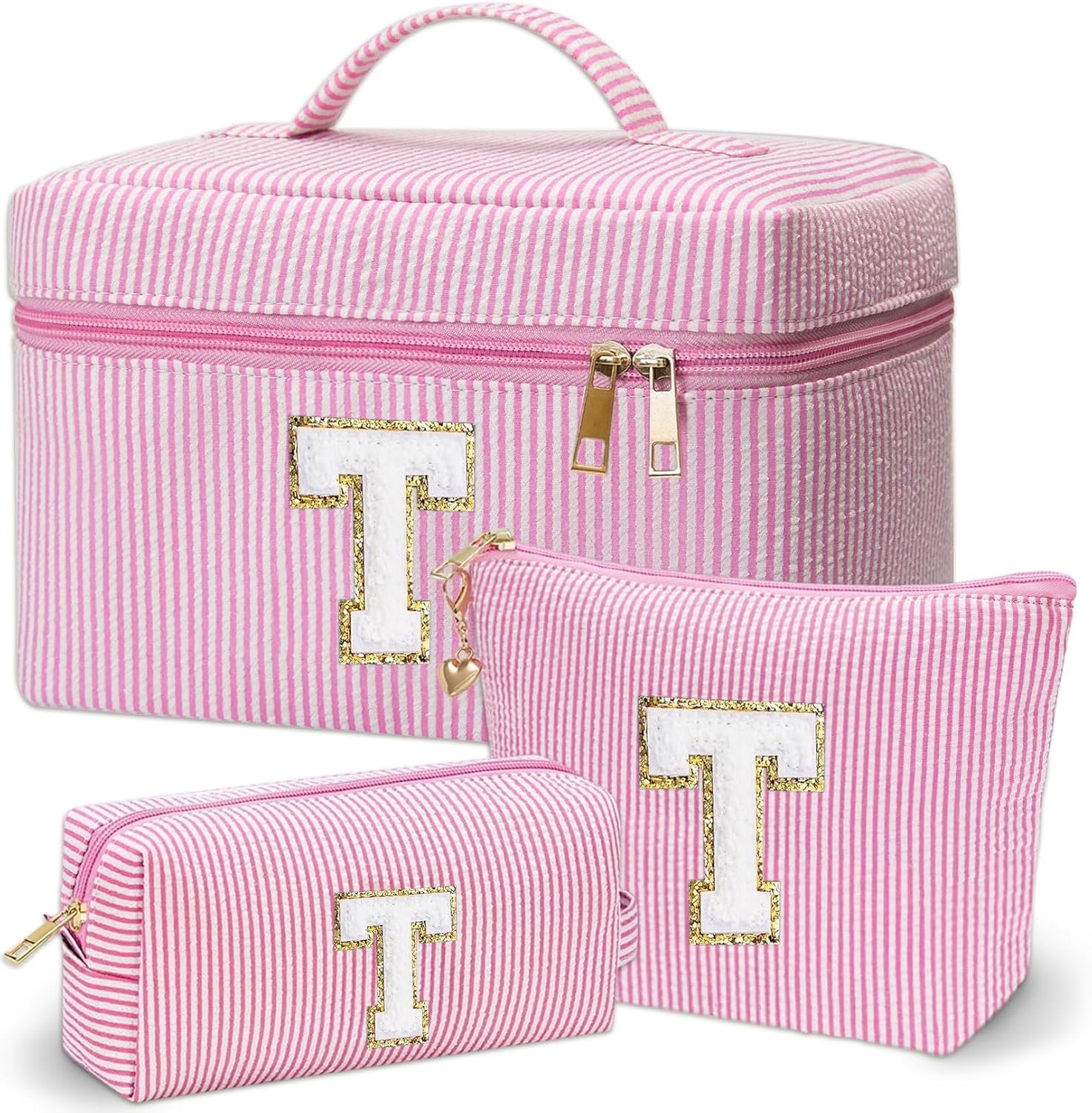Trousse de Maquillage Personnalisée avec Logo Personnalisé, Ensemble de 3 Poches de Maquillage et de Toiletries en Vrac pour Filles et Femmes de 6 à 18 Ans, Cadeaux d'Anniversaire et de Graduation avec Poche Initiale (T, Rose), Fabricant de Trousse de Maquillage.