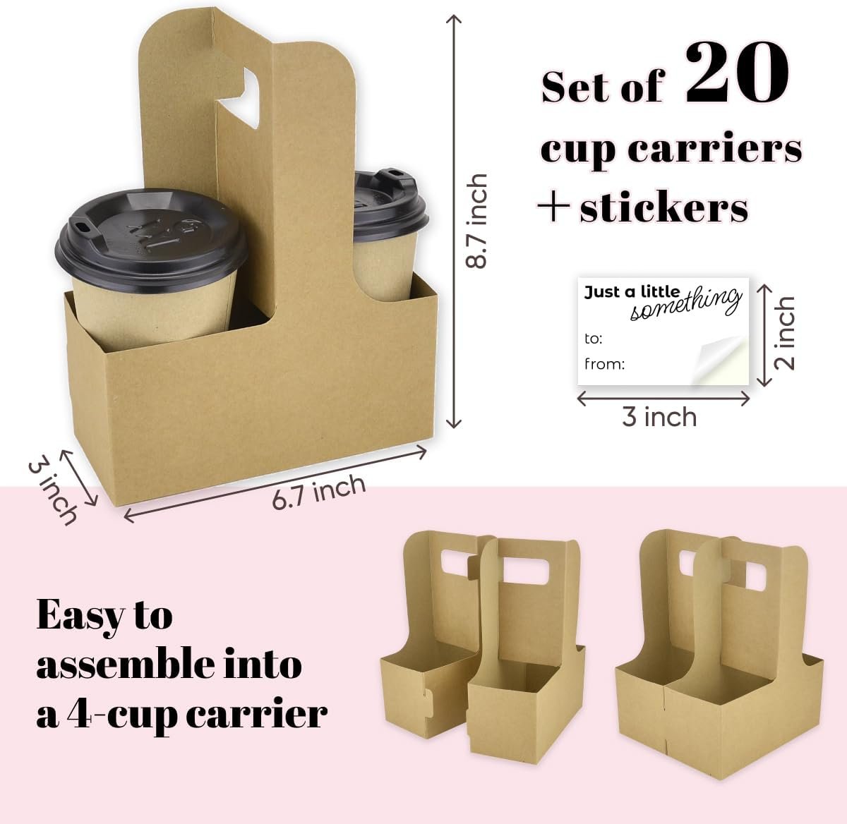 Grossiste de porte-gobelets jetables avec poignée pour 2 ou 4 tasses, support en papier kraft, idéale pour boissons chaudes ou froides. Logo personnalisé inclus, fournit 20 autocollants pour décorer fêtes, anniversaires et mariages. Fabricant de solutions pratiques pour boissons.