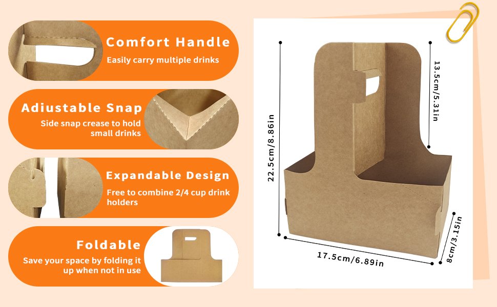Grossiste 2 Porte-gobelets pour boissons, 8 porte-gobelets en carton pour café avec poignée, OEM pour boissons chaudes ou froides, support à café avec ruban et carte pour services de livraison alimentaire et bouquet (Kraft)