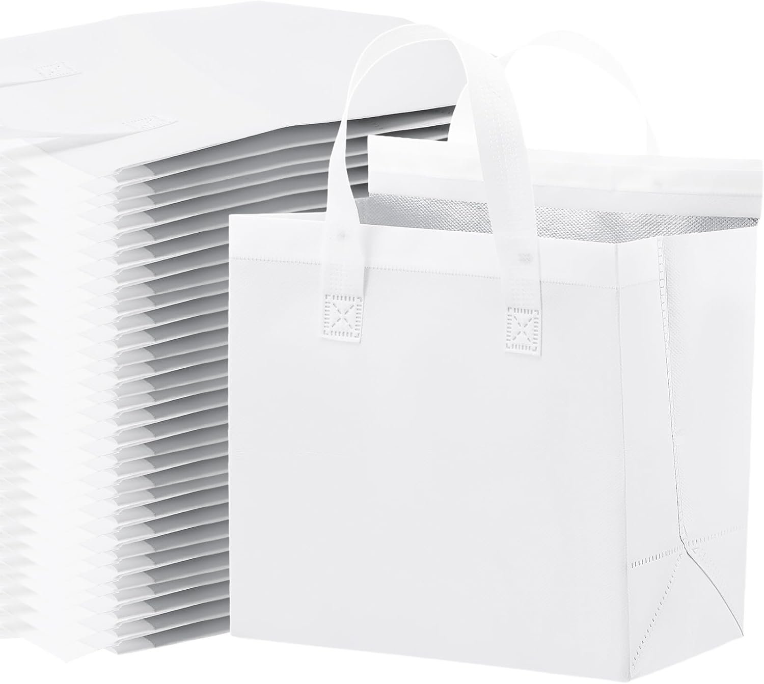 50 Pcs Sacs Isolés à Emporter en Vrac, Fournisseur de Sacs Thermal pour Aliments Chauds et Froids, OEM pour Restaurant et Restauration, Idéal pour Café, Lait, Thé, Fruits de Mer, Pizzas (Blanc)