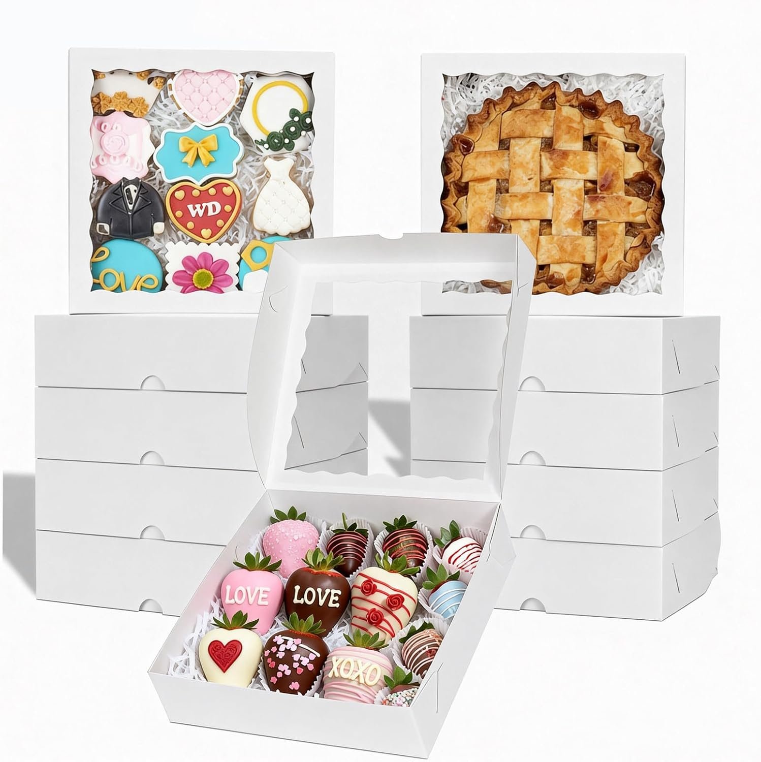 50pcs Boîtes à pâtisserie blanches 9x9x2.5 pouces - Grossiste pour charcuterie, biscuits, tartes, et cœurs brisés - Marque blanche, Fournisseur OEM pour Noël et Saint-Valentin 50pcs Boîtes à pâtisserie blanches 9x9x2.5 pouces - Grossiste pour charcuterie, biscuits, tartes, et cœurs brisés - Marque blanche, Fournisseur OEM pour Noël et Saint-Valentin