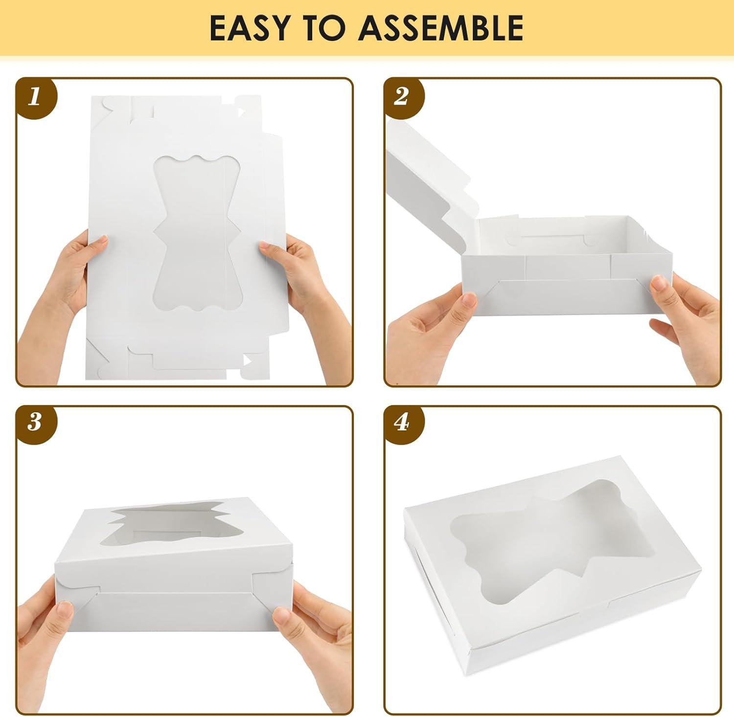 Grossiste en boîtes à pâtisserie 48 pcs, 12x8x2,5 pouces, avec 3 styles de fenêtres pour desserts, cookies et fraises enrobées de chocolat, marque blanche et 4 autocollants inclus.