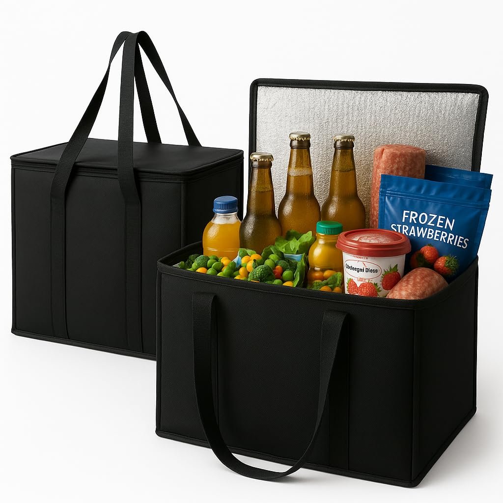 Grossiste en sacs de courses isothermes XL, 2-Pack noir, avec zipper thermique, sacs réutilisables et pliables pour transport alimentaire chaud et froid, idéal pour le camping, fournisseur de solutions durables. Grossiste en sacs de courses isothermes XL, 2-Pack noir, avec zipper thermique, sacs réutilisables et pliables pour transport alimentaire chaud et froid, idéal pour le camping, fournisseur de solutions durables.