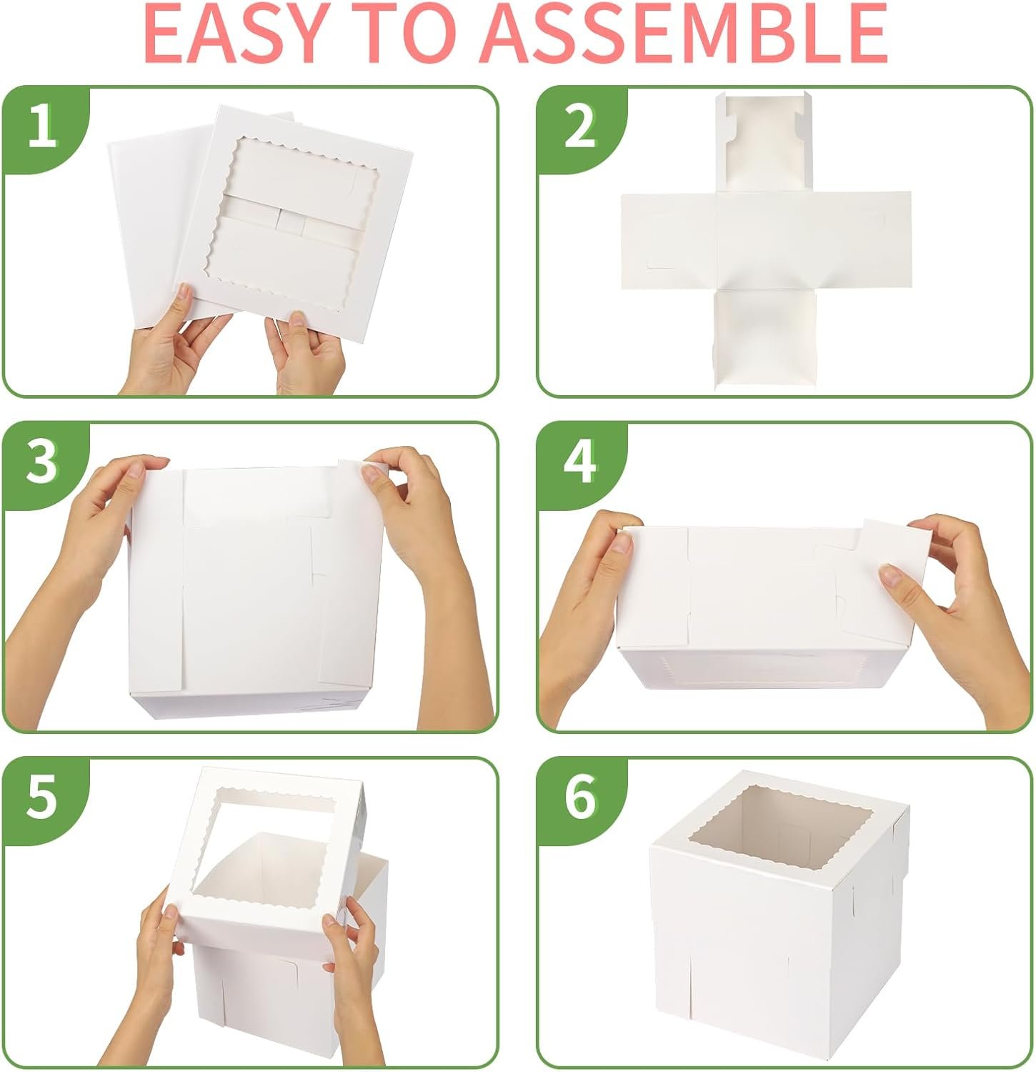 Grossiste en Vrac, boîtes à gâteaux hautes avec fenêtre disponibles en 3 tailles 12x12x12, 10x10x10, 8x8x8 pouces, conteneurs jetables pour pâtisserie, personnalisation possible avec logo, vente en gros idéale pour la Saint-Valentin et la fête des mères.