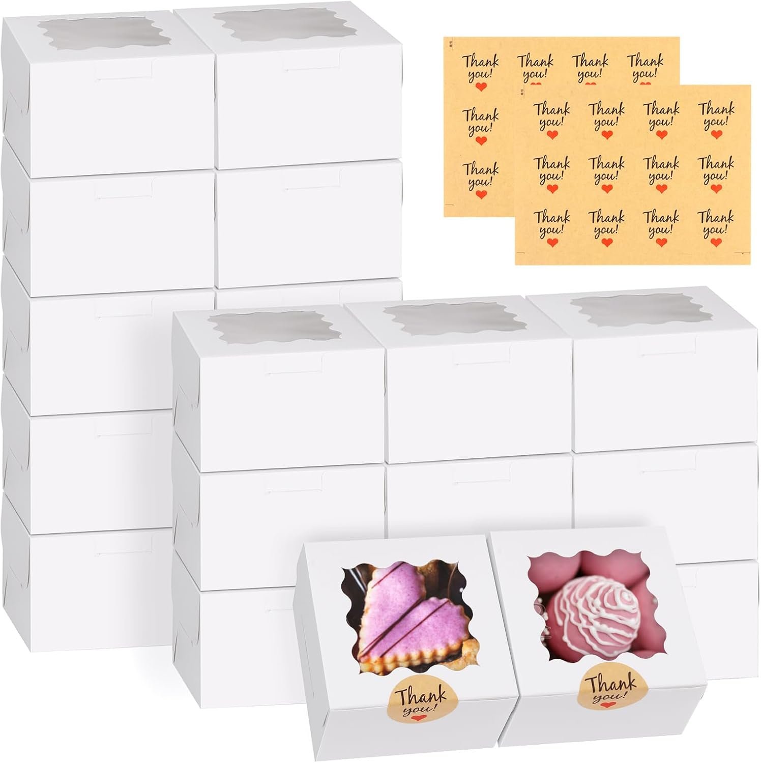 Grossiste Boîtes à biscuits blanches 24pcs 4x4x2,5 pouces avec fenêtre, pour desserts, pâtisseries, donuts, macarons, fraises, chocolats, bonbons (avec autocollants) – Logo personnalisé, fournisseur d'emballage en gros. Grossiste Boîtes à biscuits blanches 24pcs 4x4x2,5 pouces avec fenêtre, pour desserts, pâtisseries, donuts, macarons, fraises, chocolats, bonbons (avec autocollants) – Logo personnalisé, fournisseur d'emballage en gros.