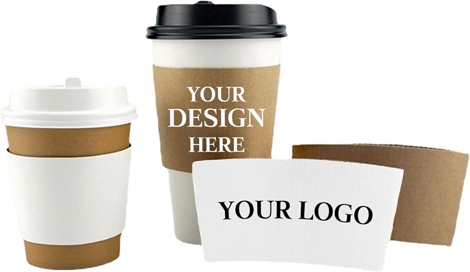 Grossiste de manchons à café personnalisés, logo personnalisé en papier ondulé pour tasses de 10-20 oz, fabricant de solutions en vrac, blanc/marron.