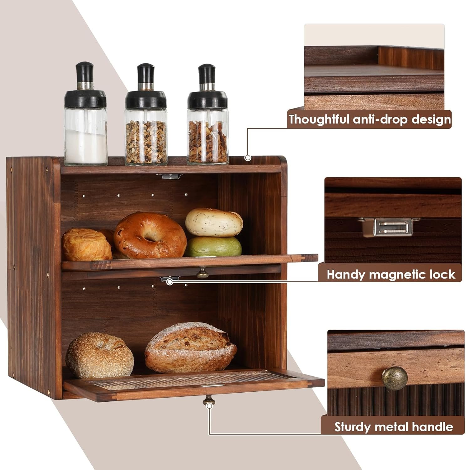 Grossiste Conteneur de Rangement en Bois pour Pain à 2 Niveaux avec Fenêtre Acrylique, Capacité Large et Design Vintage, Fournisseur d'Organisateur Alimentaire pour Comptoir de Cuisine, OEM