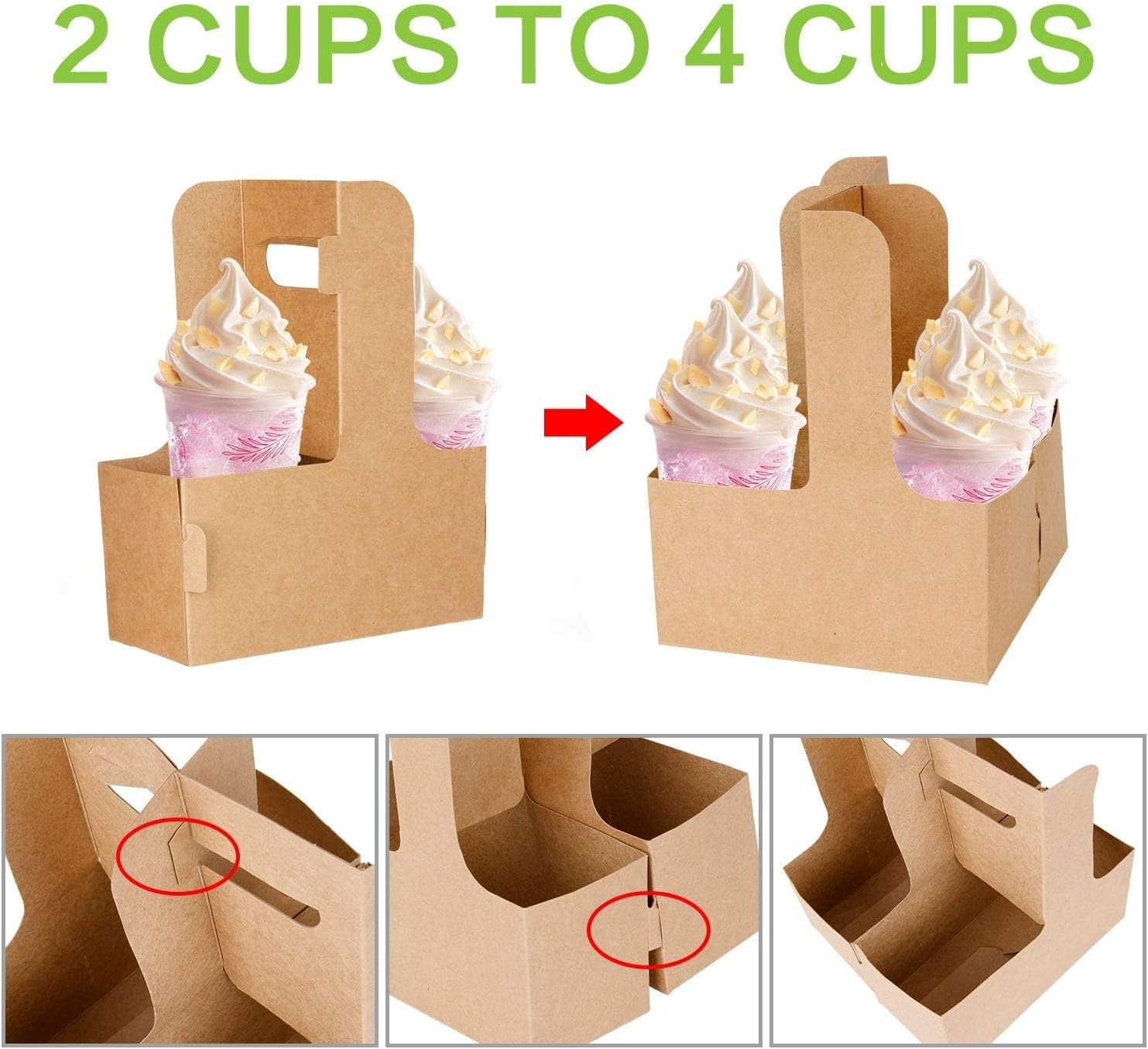 Grossiste 100 Pack de porte-gobelets en kraft avec poignées - Support pour 2 ou 4 gobelets, assemblable et jetable, idéal pour la livraison de boissons et de nourriture - Personnalisation de logo disponible auprès du fabricant.