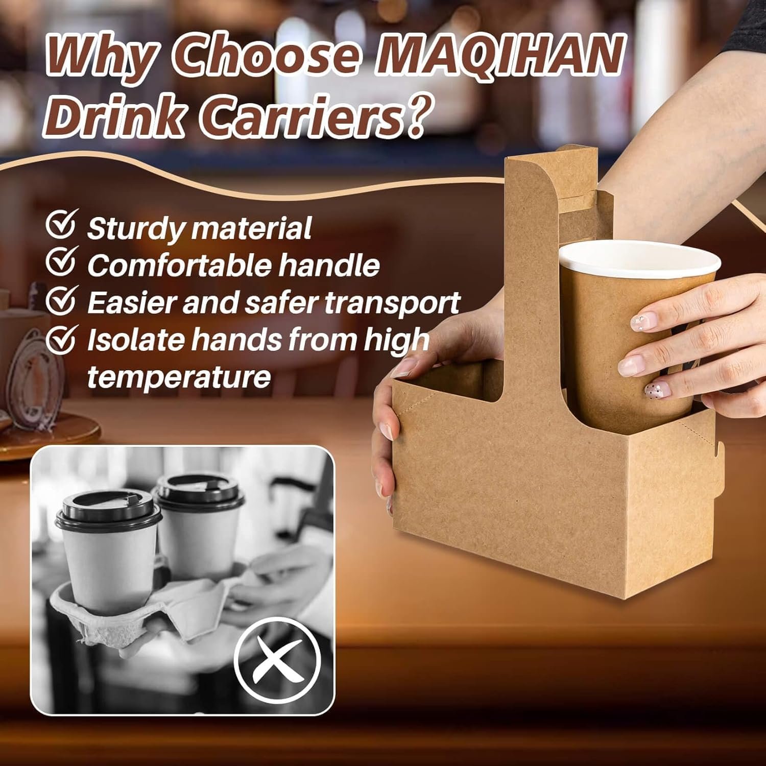 Grossiste porte-gobelet jetable en carton pour 2 tasses avec poignée, 12 pièces, accessoires de livraison alimentaire, OEM pour boissons chaudes/froides, présentation pratique, marque blanche.