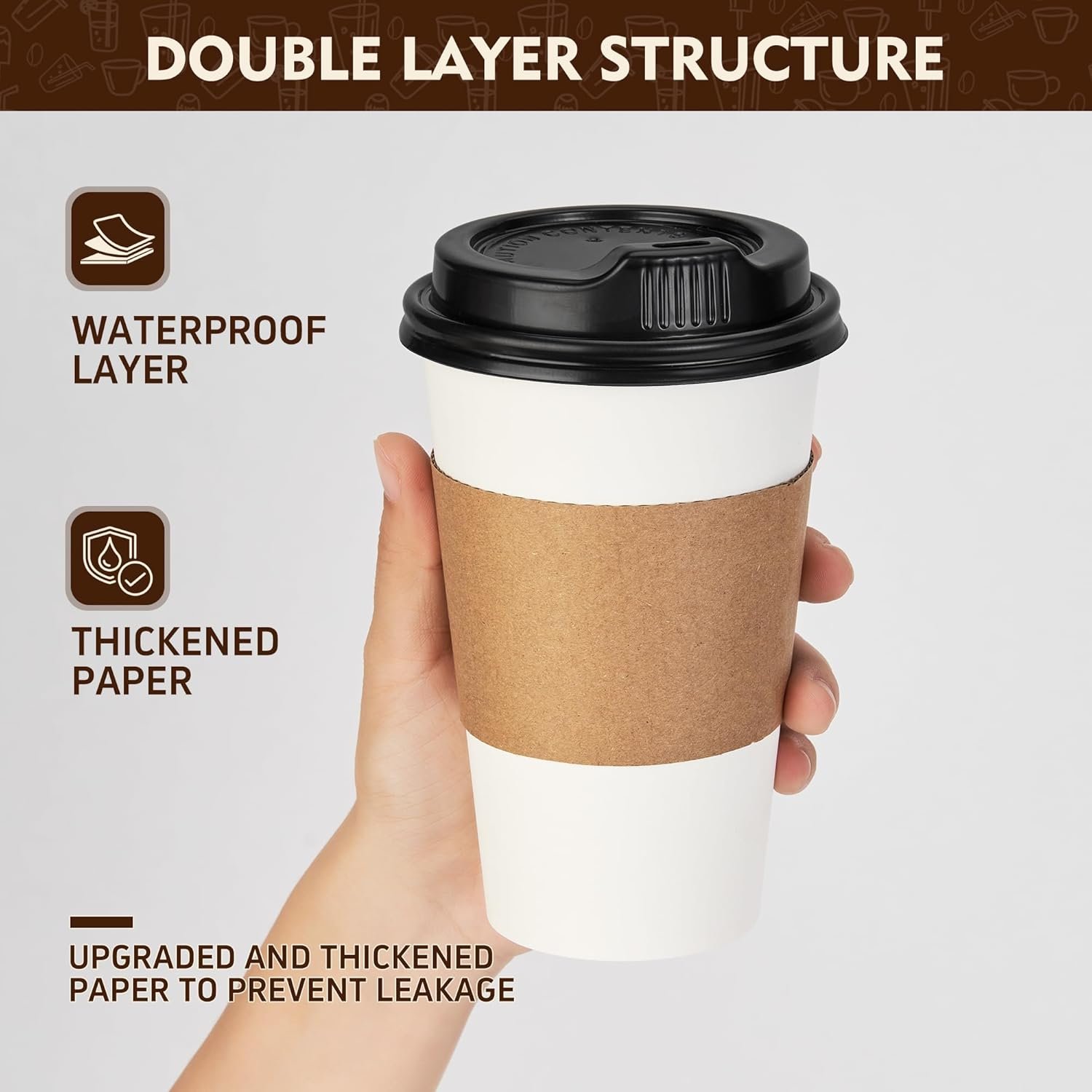 Grossiste en Vrac de gobelets en papier jetables 50 pièces 16oz, gobelets à café pour boissons chaudes avec couvercles et manchons, fabriqué par un fournisseur de matériel 300gsm, dimensions 2.4