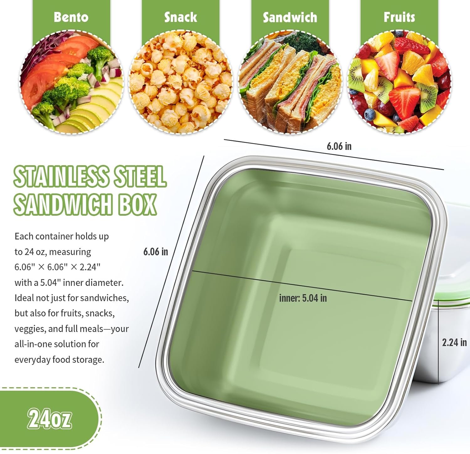 Grossiste conteneurs à sandwich en acier inoxydable 24oz, boîte hermétique avec couvercles, Fabricant réutilisable pour le repas, Logo Personnalisé, lunch boxes, BPA-free, compatibles lave-vaisselle, récipients de stockage alimentaire pour familles (vert)