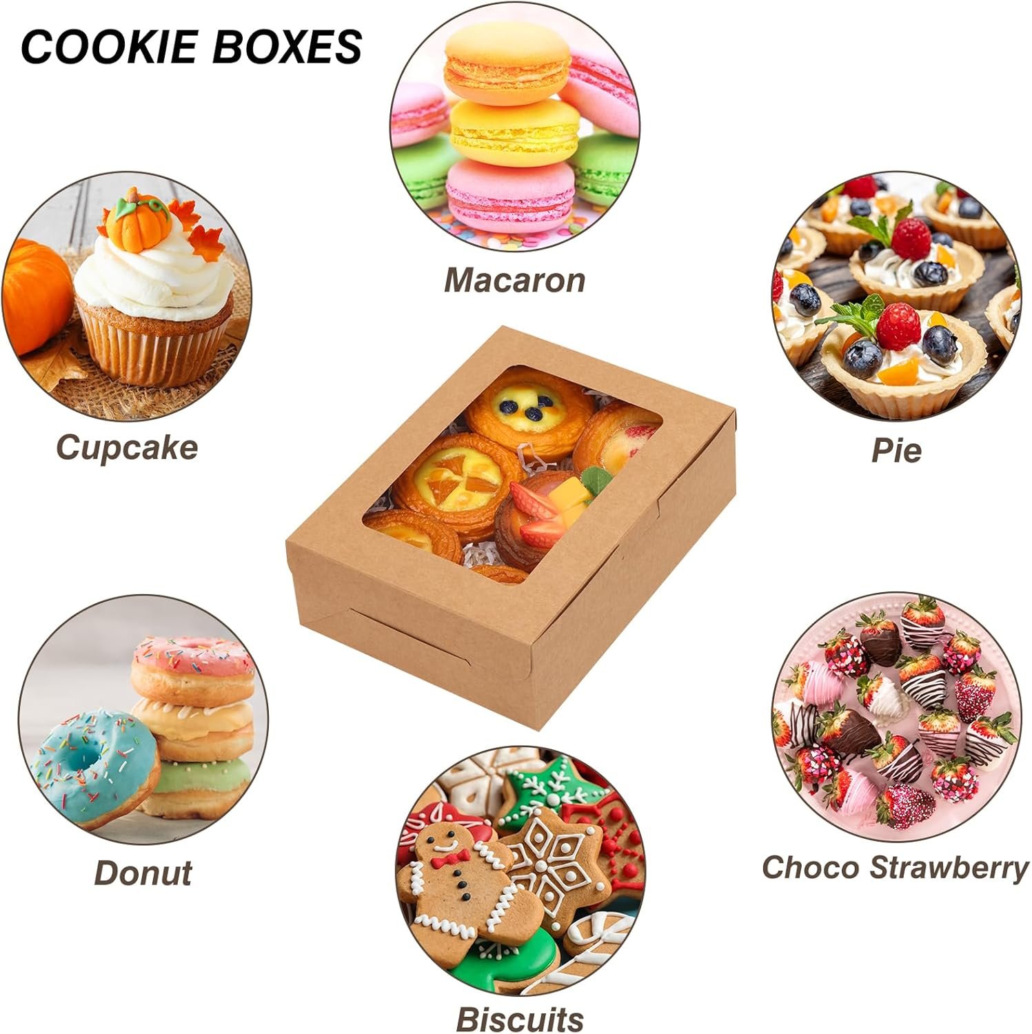 Boxes à pâtisserie 12 pièces 8x6x2.5 pouces avec fenêtre, vendues en gros par un fournisseur, idéal pour gâteaux, macarons, chocolat, donuts, cupcakes et muffins avec logo personnalisé.