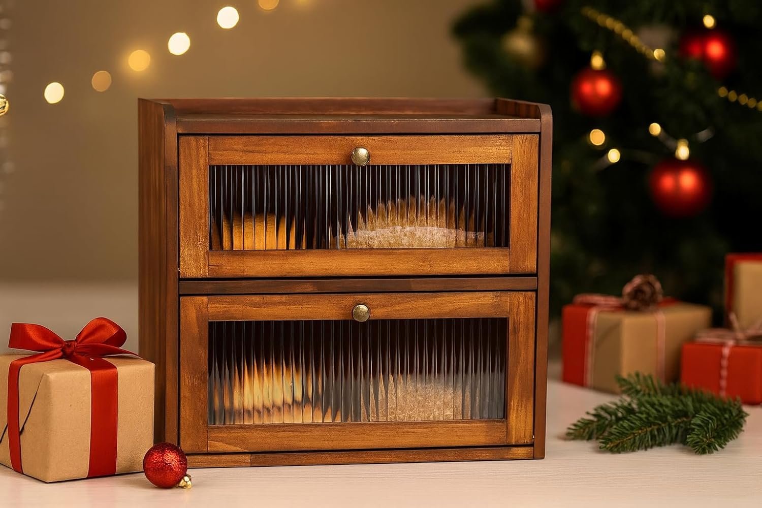 Grossiste Conteneur de Rangement en Bois pour Pain à 2 Niveaux avec Fenêtre Acrylique, Capacité Large et Design Vintage, Fournisseur d'Organisateur Alimentaire pour Comptoir de Cuisine, OEM