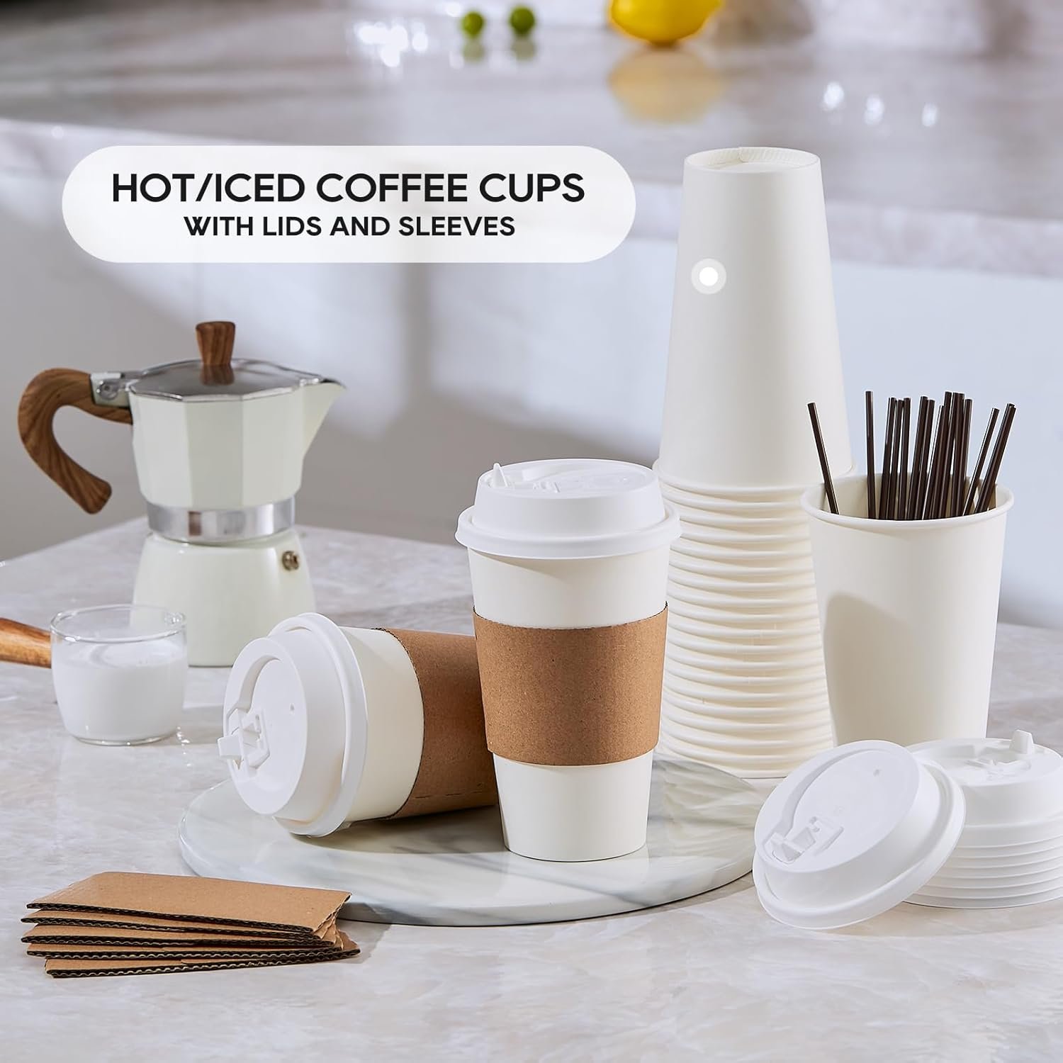 Grossiste Gobelets en Papier 20 oz [Pack de 50] avec Couvercles, Manchons et Mélangeurs, Boisson Chaude/Froide pour Eau, Jus ou Thé, Logo Personnalisé pour Cafés et Magasins, Fabricant de Gobelets Jetables