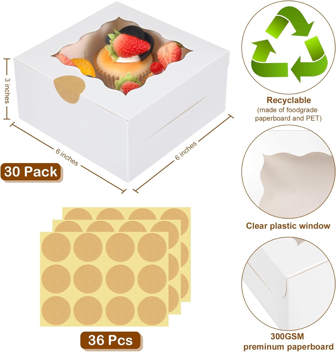 Boîte à pâtisserie blanche en vrac, 30 pièces avec fenêtre, 6 x 6 x 3 pouces, pour cookies, macarons, fournisseur de logo personnalisé.