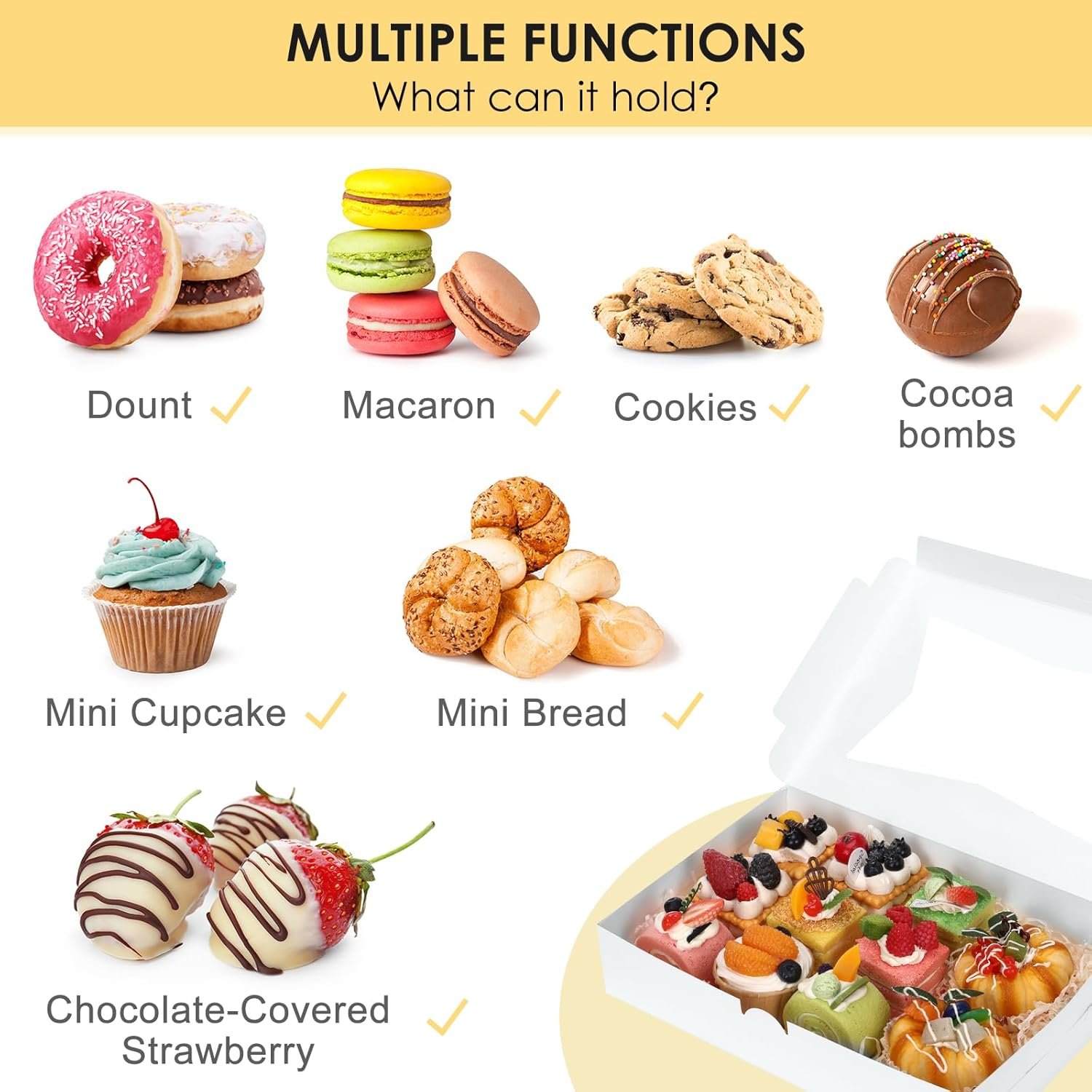 Grossiste en boîtes à pâtisserie 48 pcs, 12x8x2,5 pouces, avec 3 styles de fenêtres pour desserts, cookies et fraises enrobées de chocolat, marque blanche et 4 autocollants inclus.