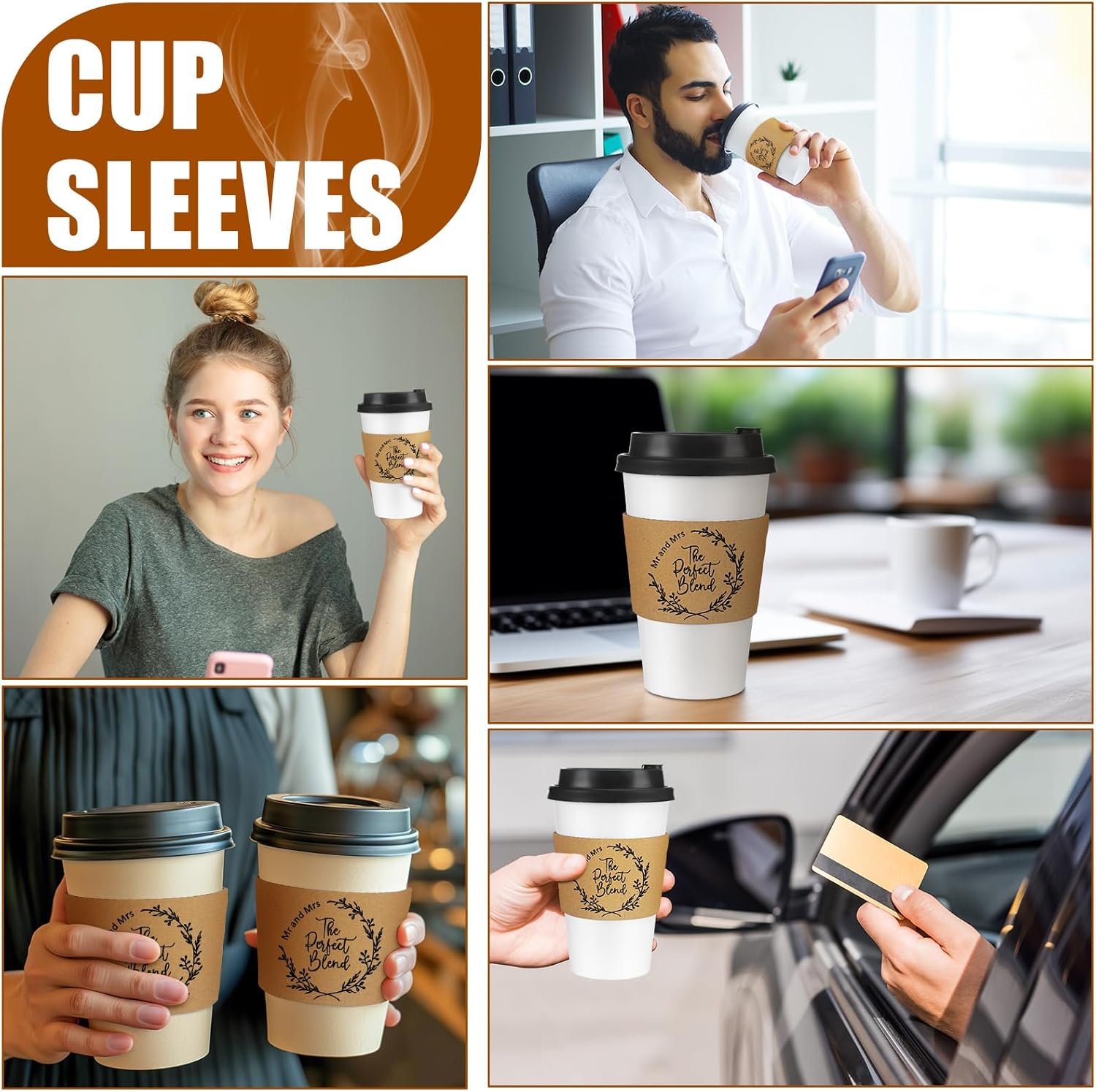 Grossiste 200 Pcs Manchons à Café Personnalisés pour Mariage en Vrac, Fournisseur de Manchons en Papier Kraft pour Tasses Chaudes 10-20 oz avec Logo Personnalisé, Favor de Mariage, Anniversaire, Baptême.