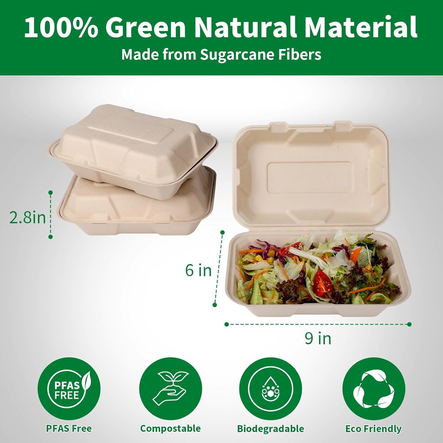 Grossiste Contenants à Emporter Compostables 100 Pack 9x6 Pouces avec Couvercle, Eco-Friendly Biodegradables en Bagasse, Fabricant Vente en Gros PFAS-Free, Brun, OEM
