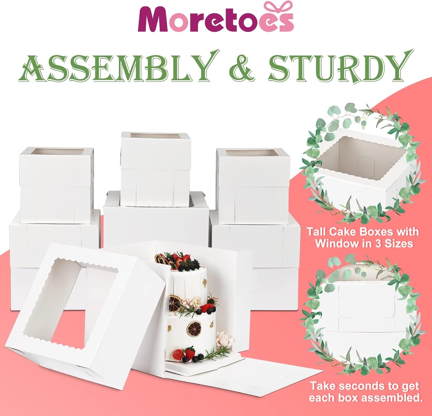 Grossiste en Vrac, boîtes à gâteaux hautes avec fenêtre disponibles en 3 tailles 12x12x12, 10x10x10, 8x8x8 pouces, conteneurs jetables pour pâtisserie, personnalisation possible avec logo, vente en gros idéale pour la Saint-Valentin et la fête des mères.