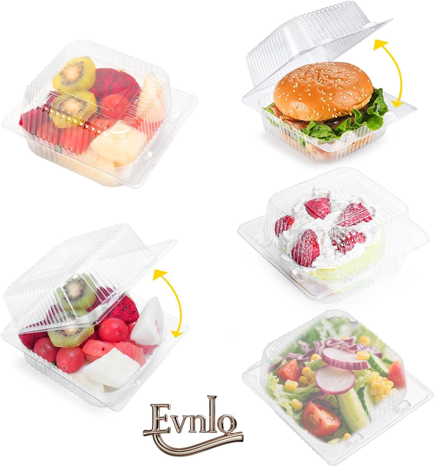 Grossiste de contenants plastiques transparents avec couvercles, 100 pièces, pour aliments - OEM, boîtes clamshell épaisses pour parts de gâteaux, desserts, hamburgers, salades, pâtisseries, fruits, plateaux à emporter.