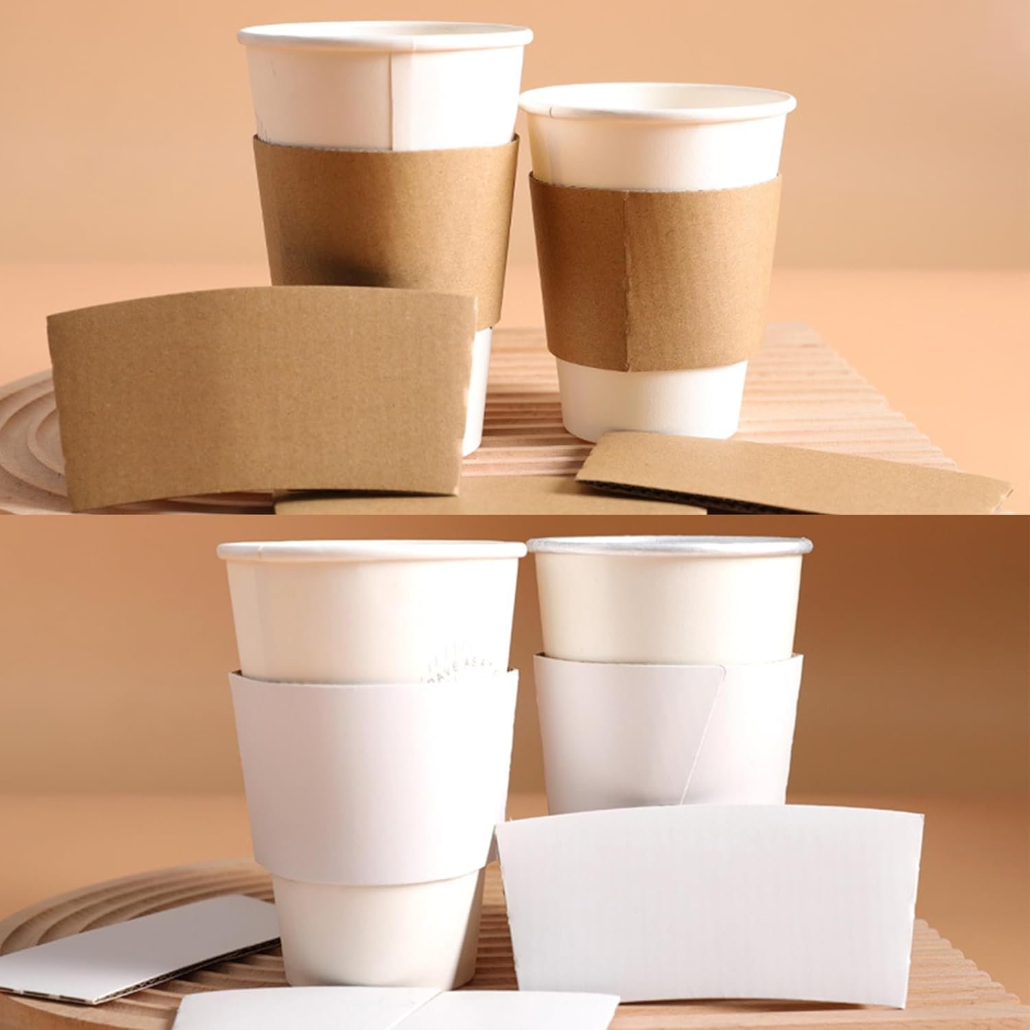 Grossiste de manchons à café personnalisés, logo personnalisé en papier ondulé pour tasses de 10-20 oz, fabricant de solutions en vrac, blanc/marron.