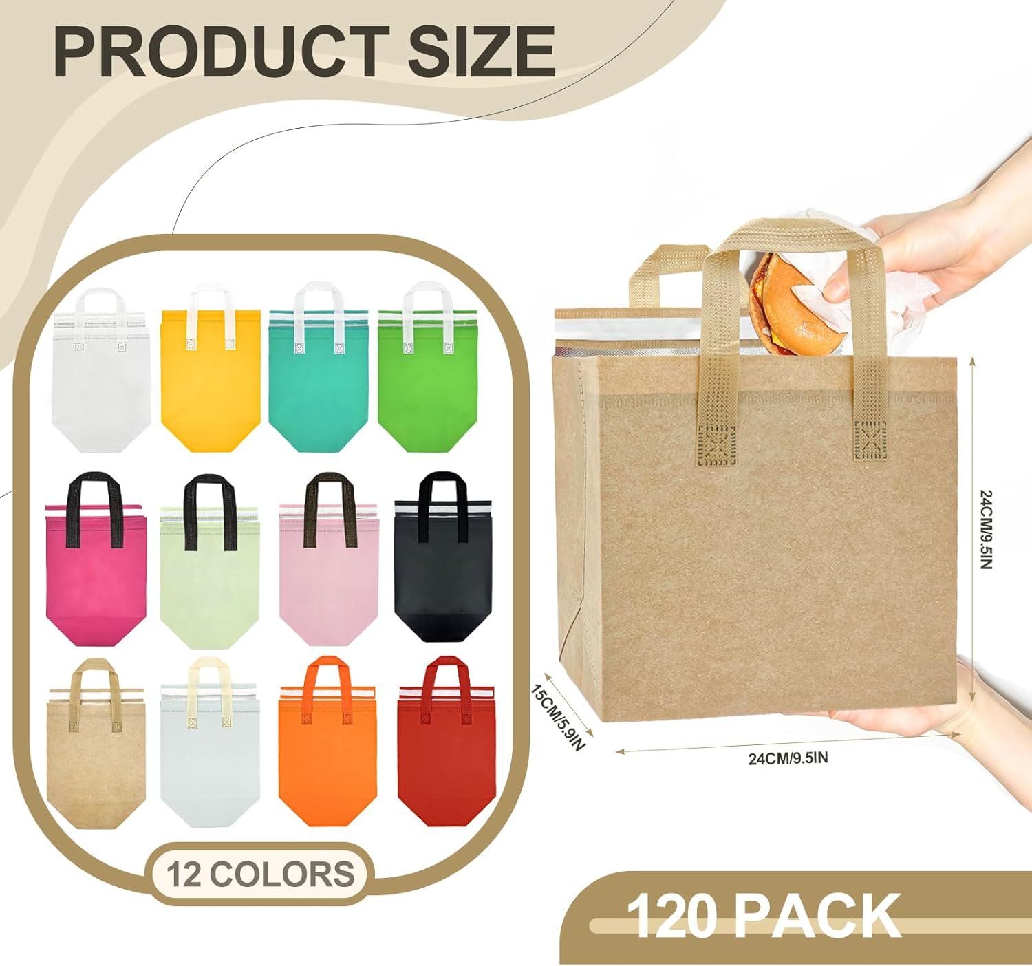 Grossiste de sacs isothermes pour repas à emporter, 120 pcs, 9.5 x 9.5 x 6 in, avec logo personnalisé, idéal pour la pizza, le café, le thé et les livraisons. Fournisseur de sacs de livraison pour restauration et pique-nique en vente en gros.