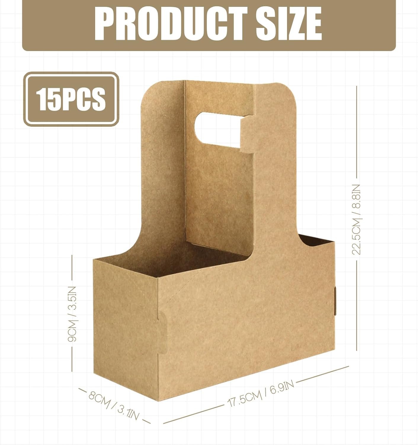 Grossiste en porte-gobelets en carton kraft 15 pièces avec poignée pour livraison, transport de boissons chaudes ou froides, marque blanche de support à café, solutions de livraison alimentaire.