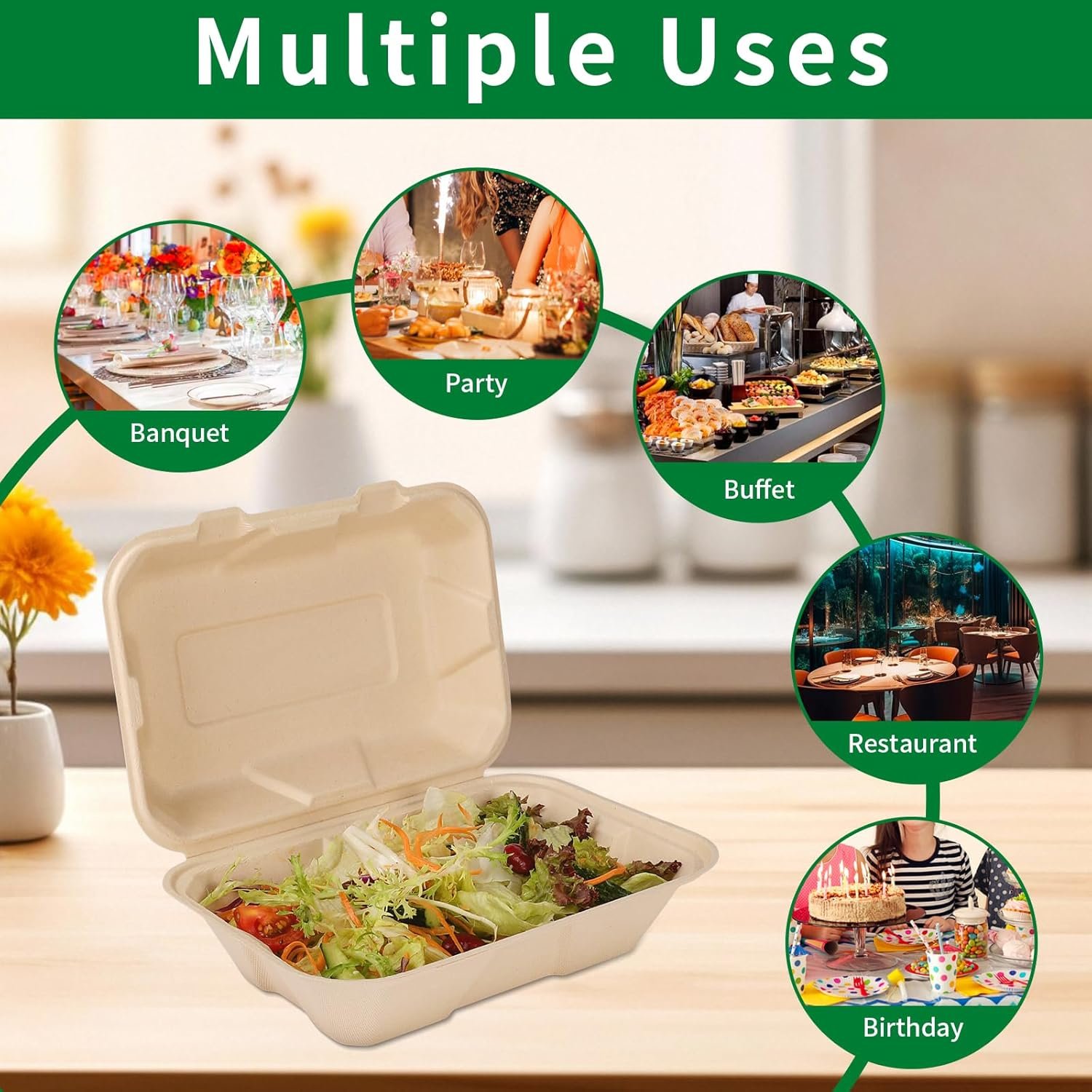 Grossiste Contenants à Emporter Compostables 100 Pack 9x6 Pouces avec Couvercle, Eco-Friendly Biodegradables en Bagasse, Fabricant Vente en Gros PFAS-Free, Brun, OEM