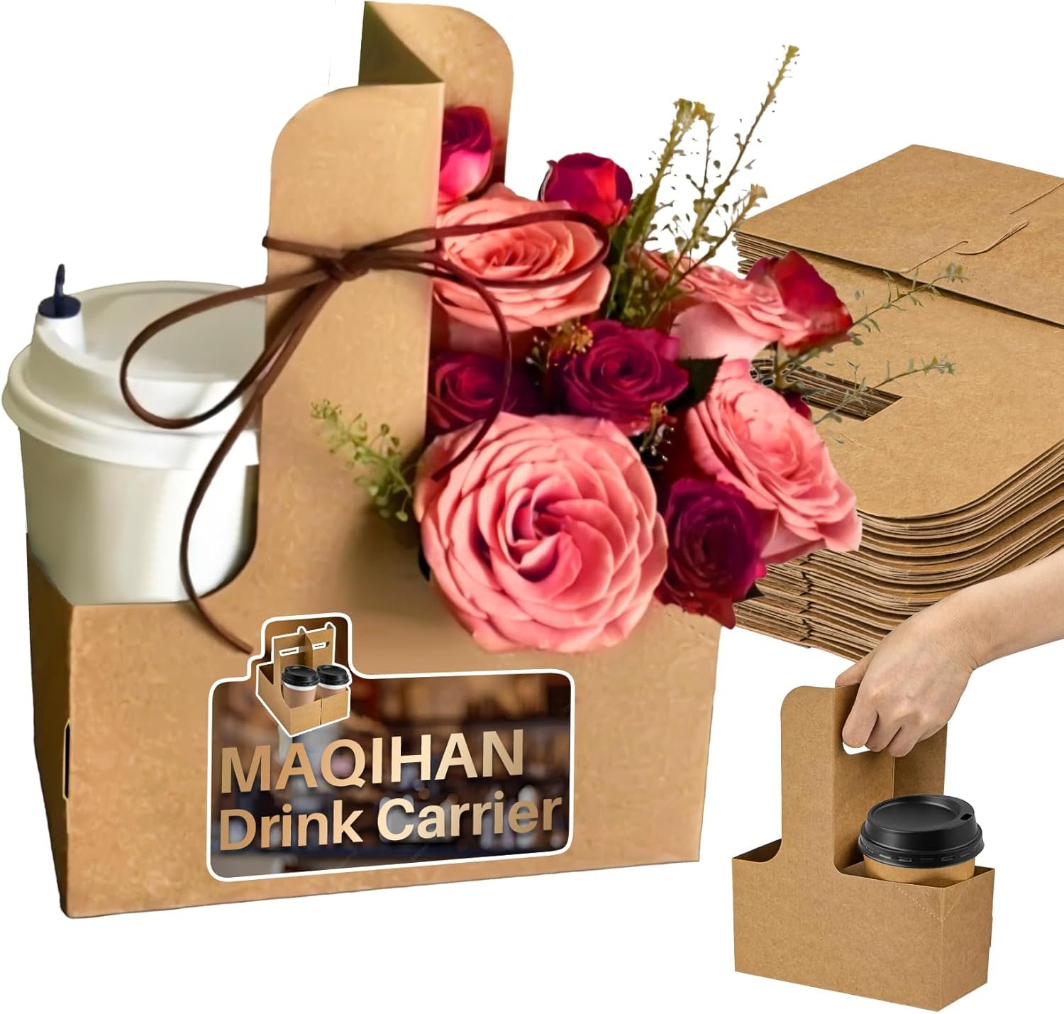 Grossiste porte-gobelet jetable en carton pour 2 tasses avec poignée, 12 pièces, accessoires de livraison alimentaire, OEM pour boissons chaudes/froides, présentation pratique, marque blanche.