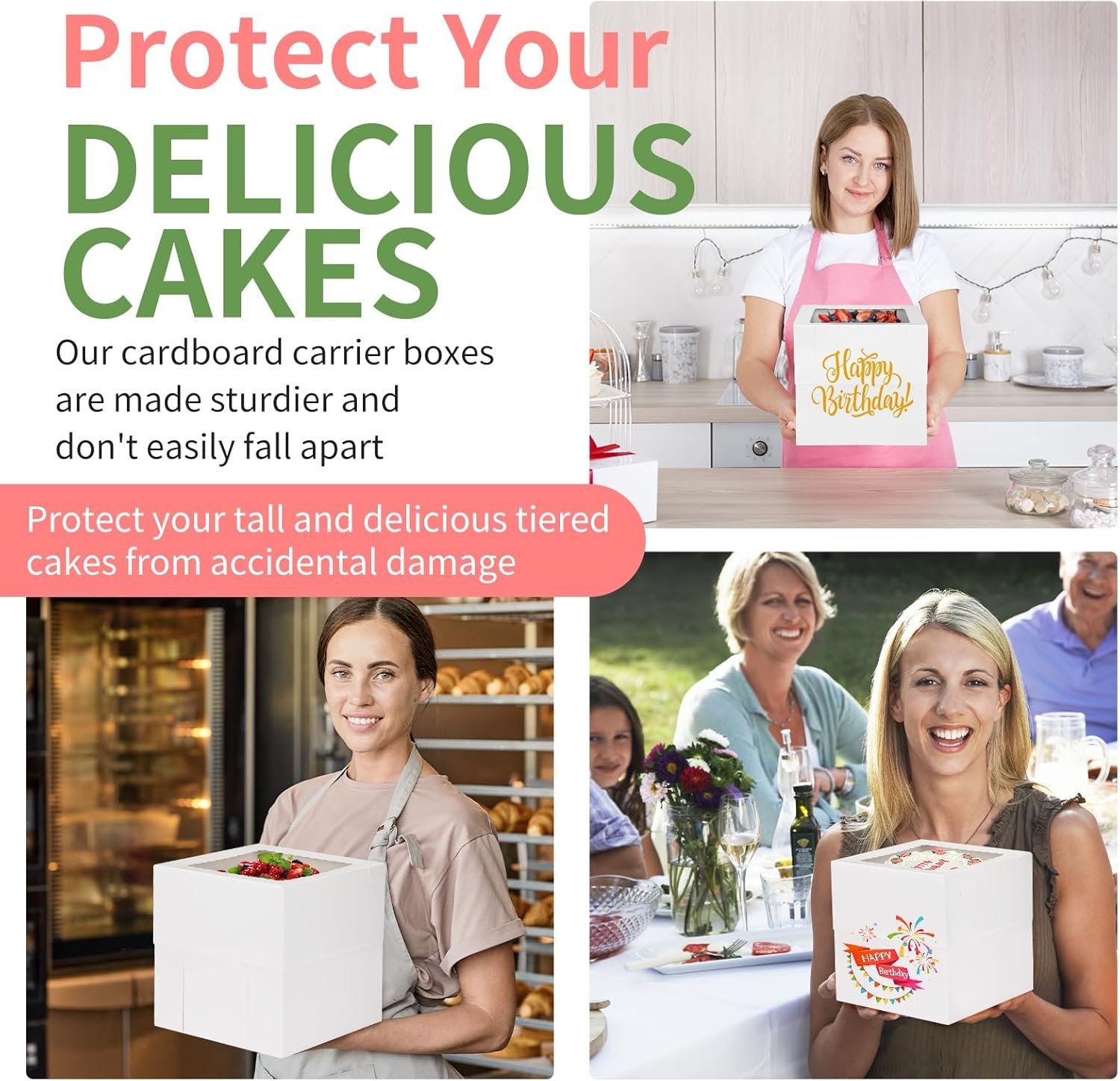Grossiste en Vrac, boîtes à gâteaux hautes avec fenêtre disponibles en 3 tailles 12x12x12, 10x10x10, 8x8x8 pouces, conteneurs jetables pour pâtisserie, personnalisation possible avec logo, vente en gros idéale pour la Saint-Valentin et la fête des mères.