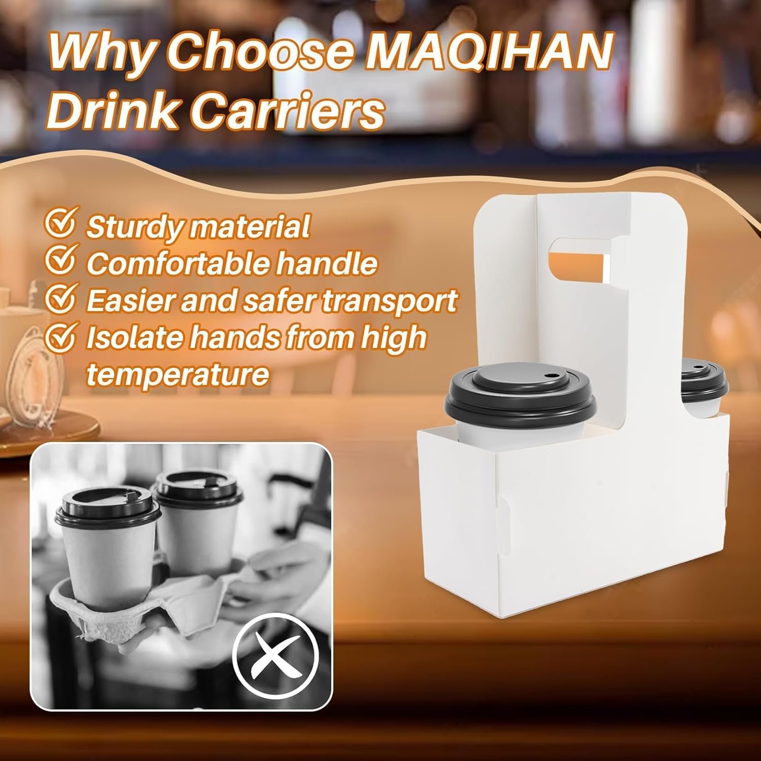 Grossiste 12Pcs Support à Boissons pour 2 Gobelets avec Poignée - Accessoire de Livraison Alimentaire en Carton Jetable - Logo Personnalisé, Fabricant de Porte-Gobelets Portables pour Boissons Chaudes/Froides