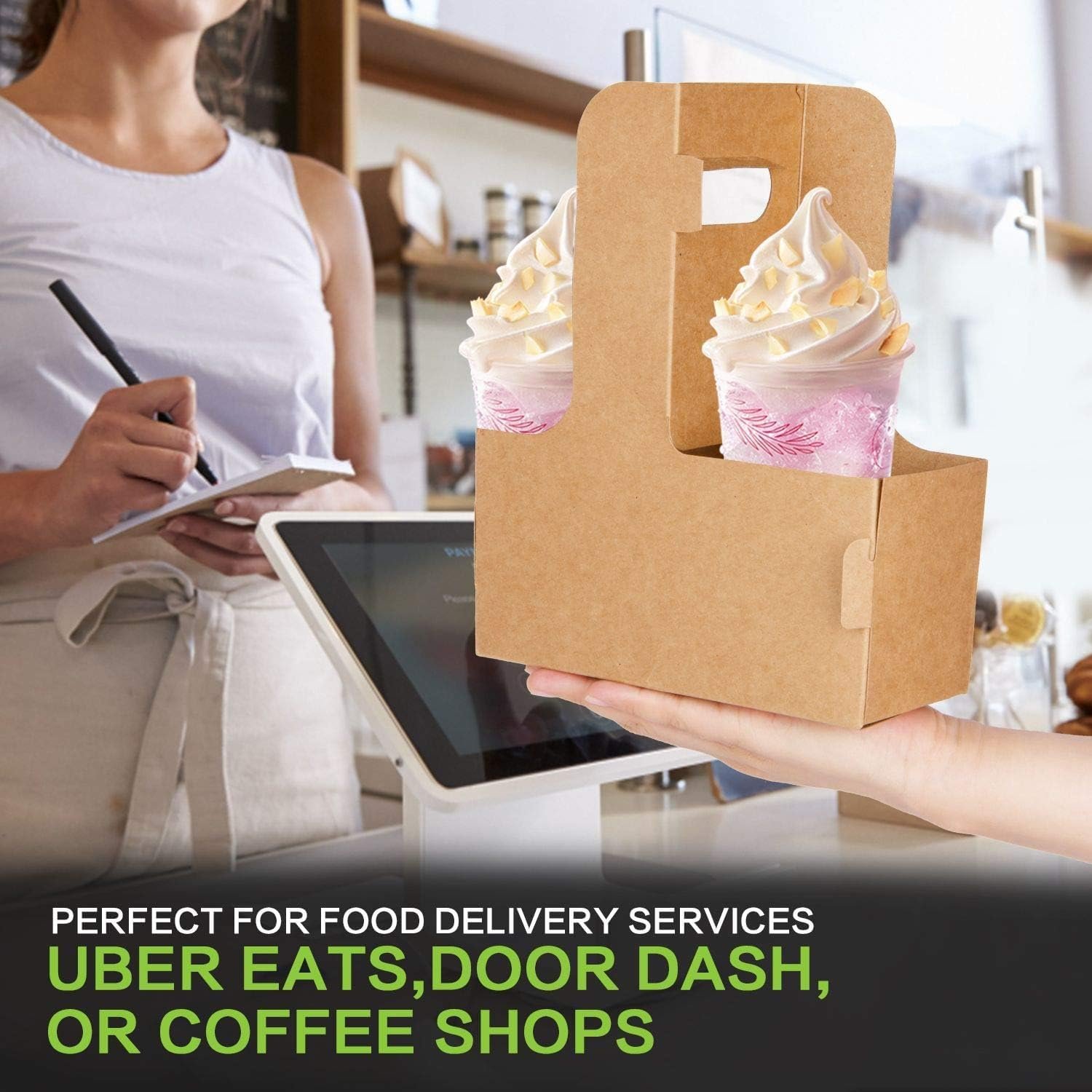 Grossiste 100 Pack de porte-gobelets en kraft avec poignées - Support pour 2 ou 4 gobelets, assemblable et jetable, idéal pour la livraison de boissons et de nourriture - Personnalisation de logo disponible auprès du fabricant.