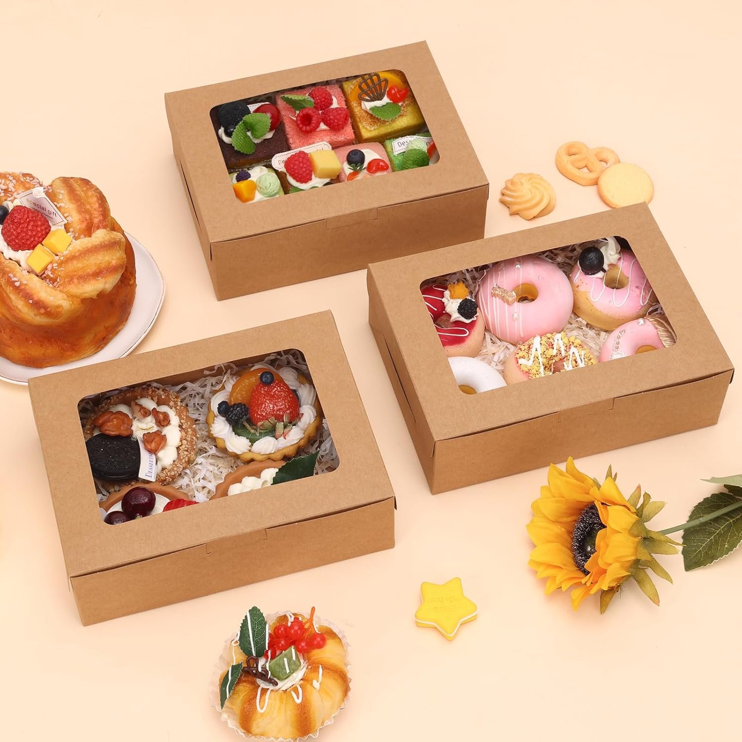 Boxes à pâtisserie 12 pièces 8x6x2.5 pouces avec fenêtre, vendues en gros par un fournisseur, idéal pour gâteaux, macarons, chocolat, donuts, cupcakes et muffins avec logo personnalisé.